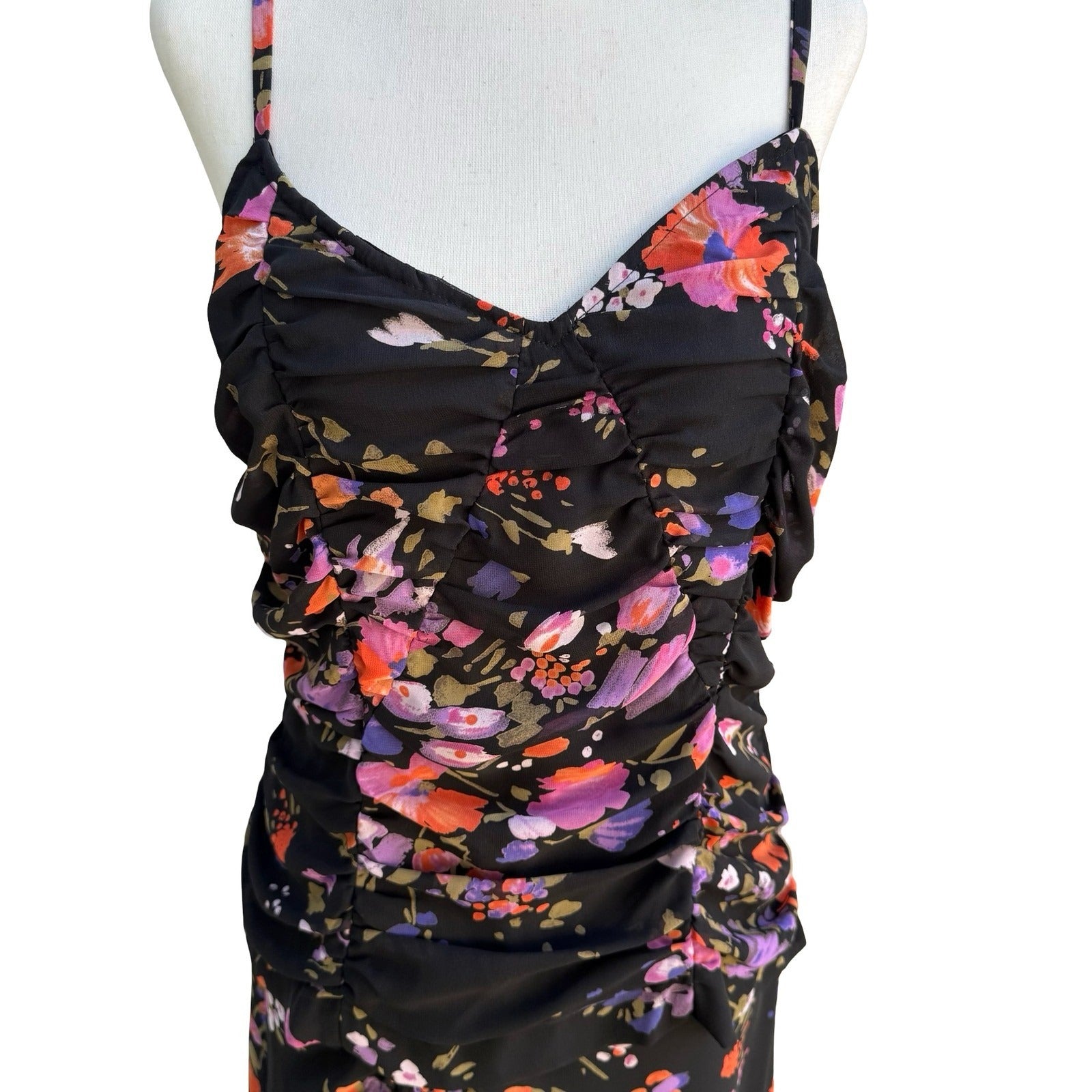 Latina Life Y2K Dark Floral Whimsigoth Ruched Bodycon Tank Midi Skirt Black L