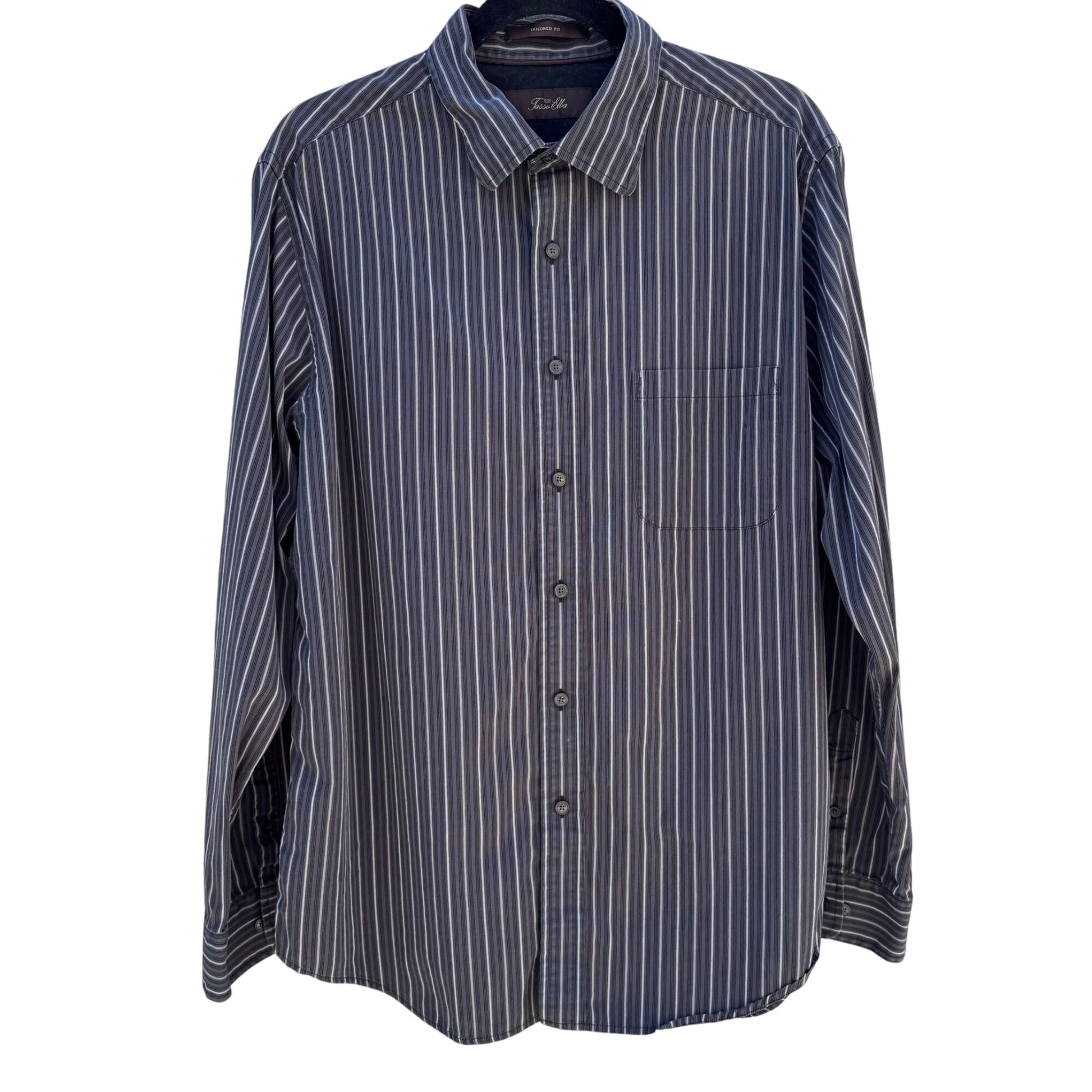 Tasso Elba Mens Tailored Fit Gray White Striped Button-Down Long Sleeve Shirt L