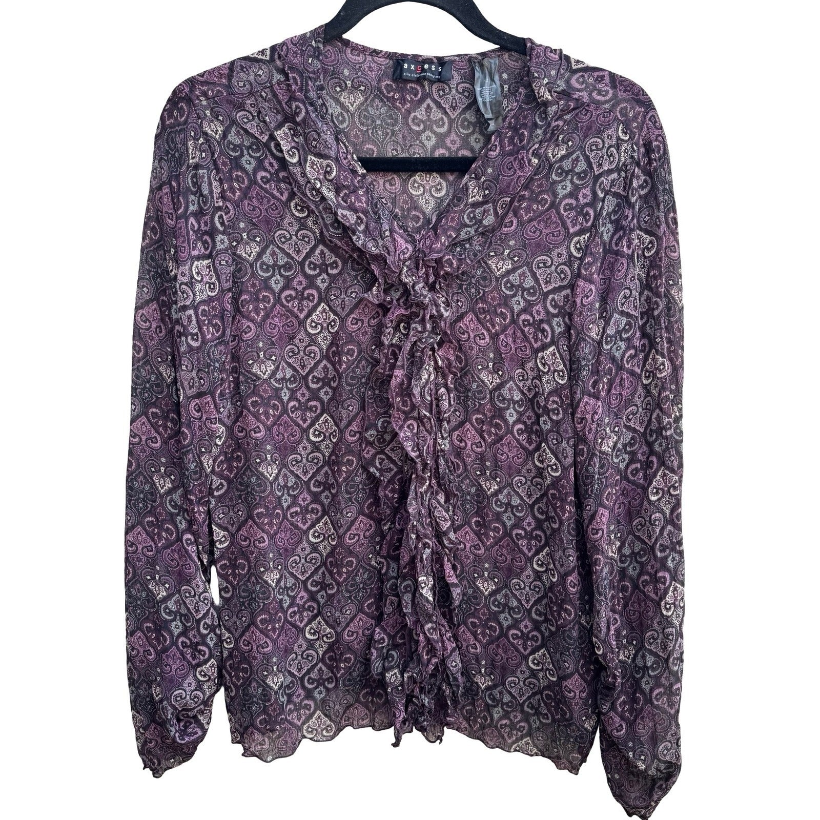 Axcess Liz Claiborne Y2K Whimsigoth Boho Sheer Purple Paisley Ruffle Blouse 12