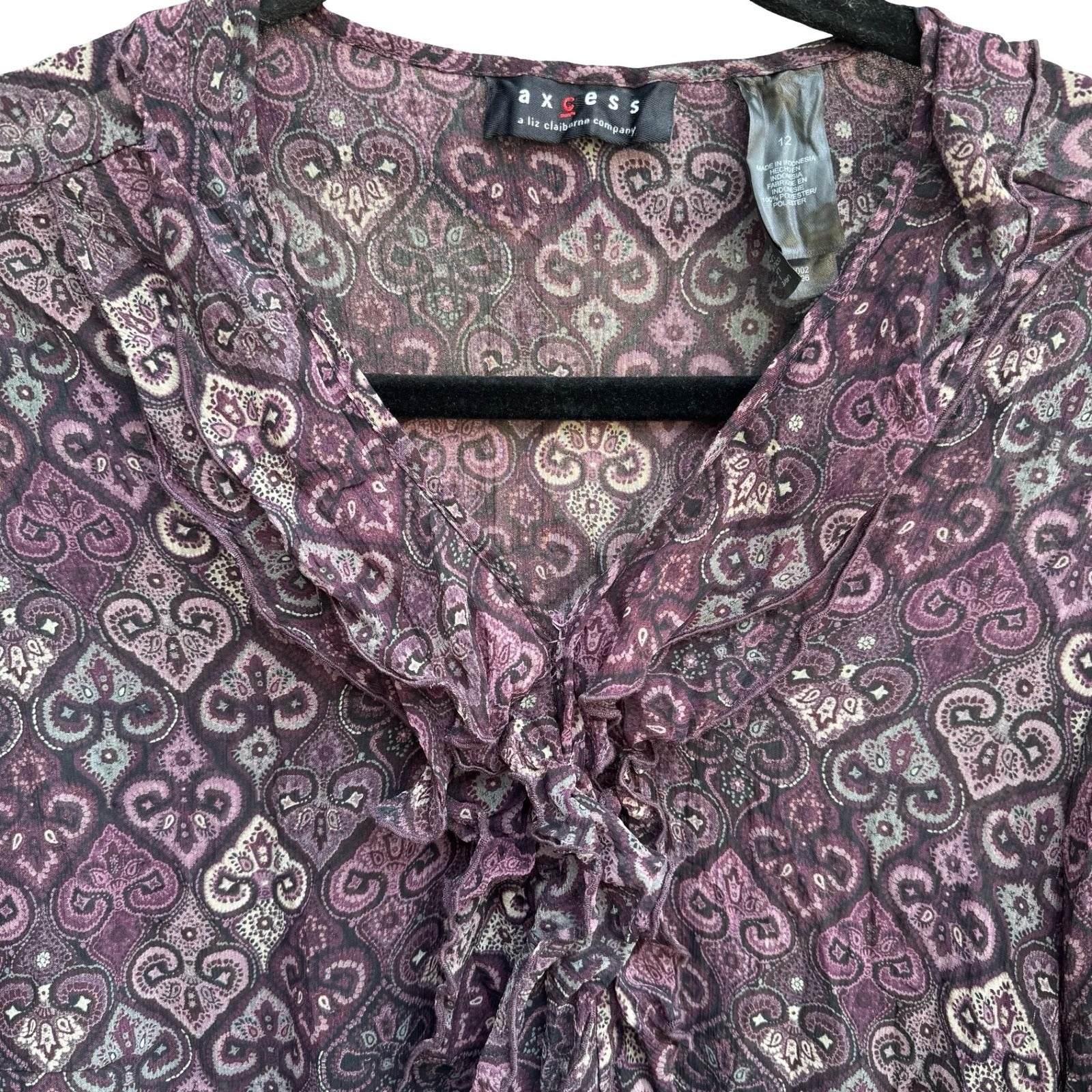 Axcess Liz Claiborne Y2K Whimsigoth Boho Sheer Purple Paisley Ruffle Blouse 12