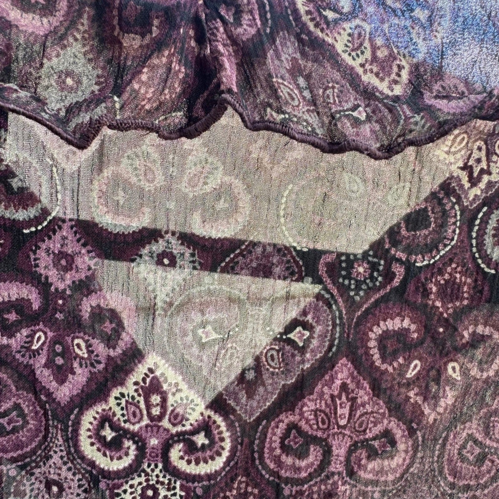 Axcess Liz Claiborne Y2K Whimsigoth Boho Sheer Purple Paisley Ruffle Blouse 12