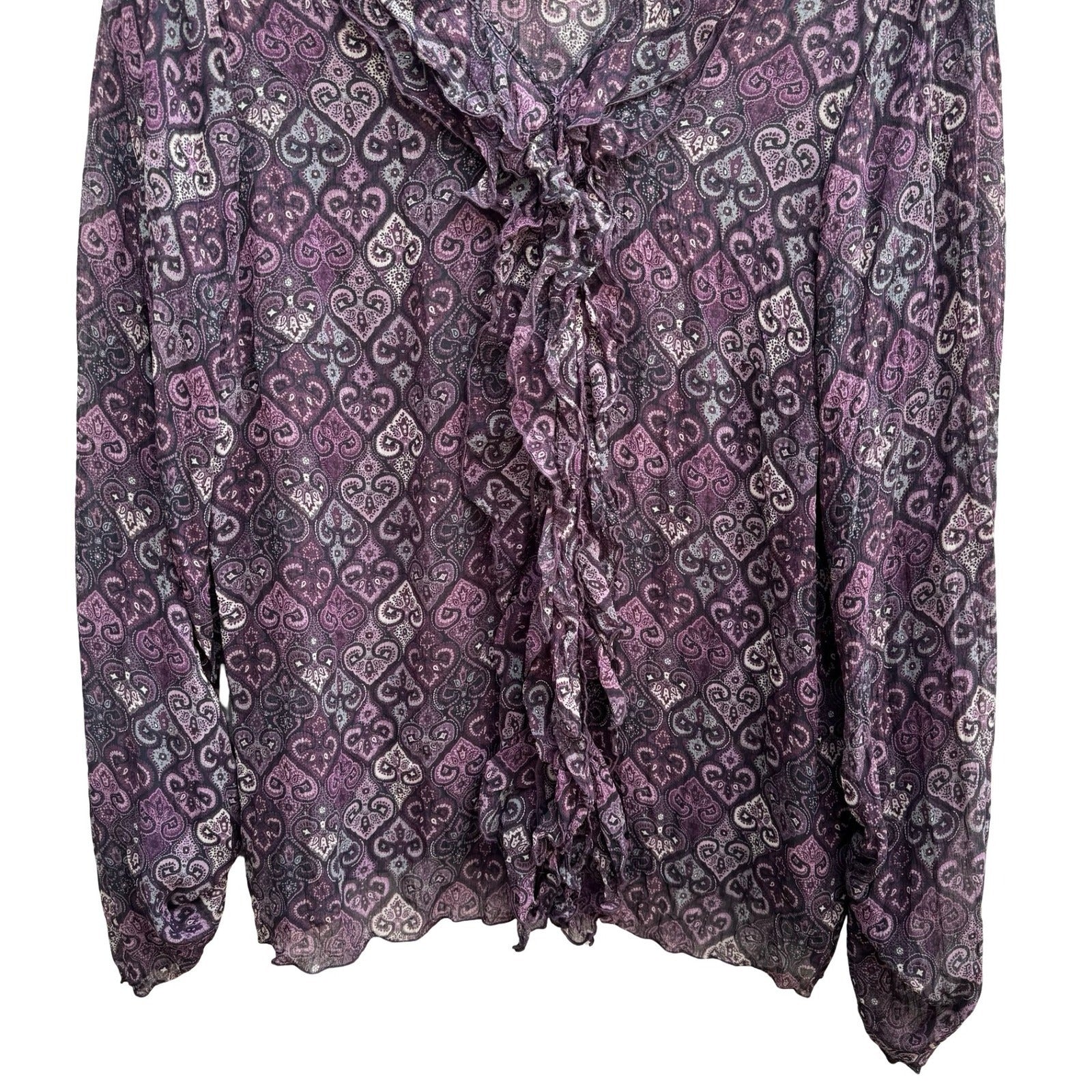 Axcess Liz Claiborne Y2K Whimsigoth Boho Sheer Purple Paisley Ruffle Blouse 12
