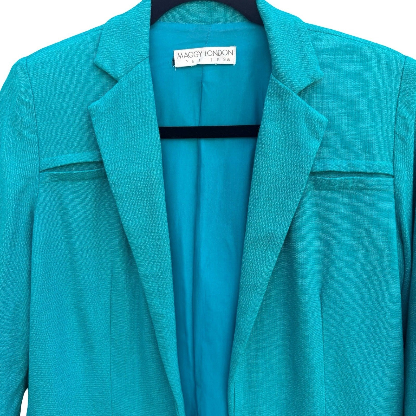 Maggy London Petites Vintage Teal Open Front Blazer Textured 3/4 Sleeve Jacket 8