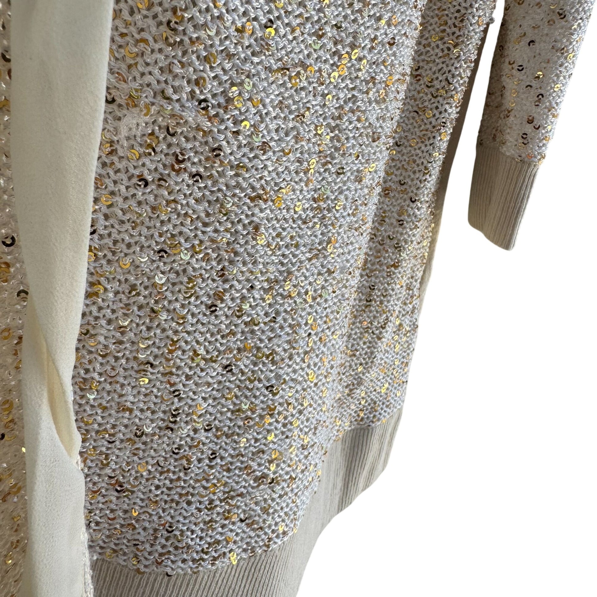 Chicos Sequin Embellished V Neck Glam Beige Gold Knit Cardigan Sweater Size 3