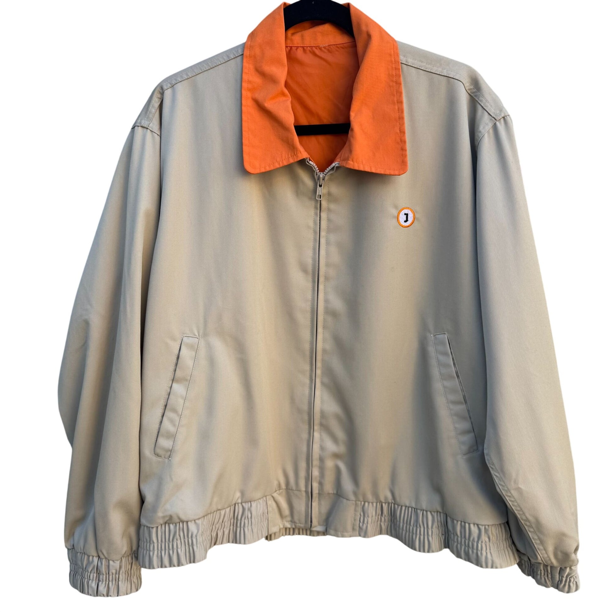 Vintage 70s Mens Beige Orange Flight Bomber Jacket Embroidered Zip Elastic Hem