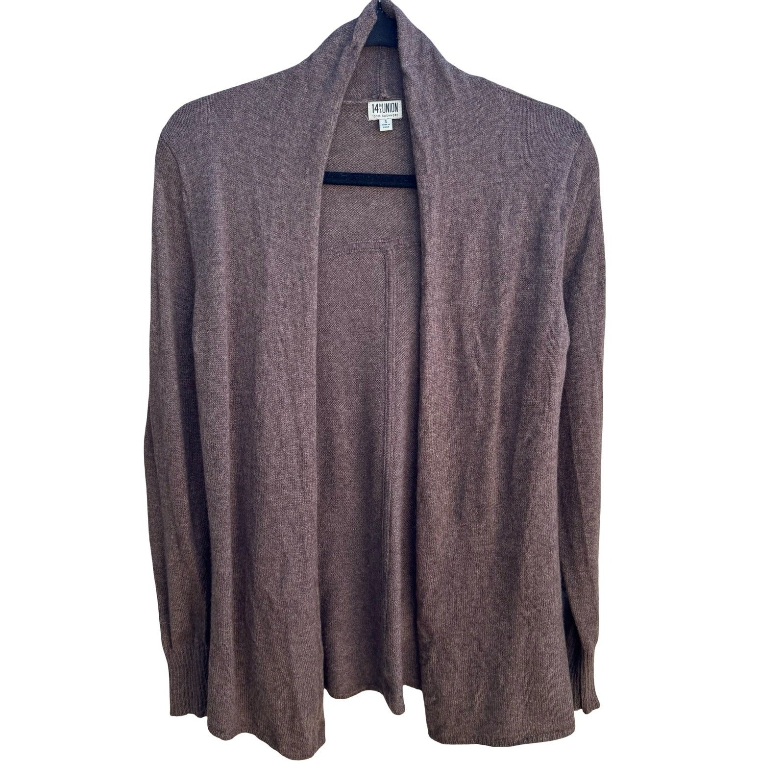 14th & Union 100% Cashmere Minimalist Shawl Collar Open Front Cardigan Brown S