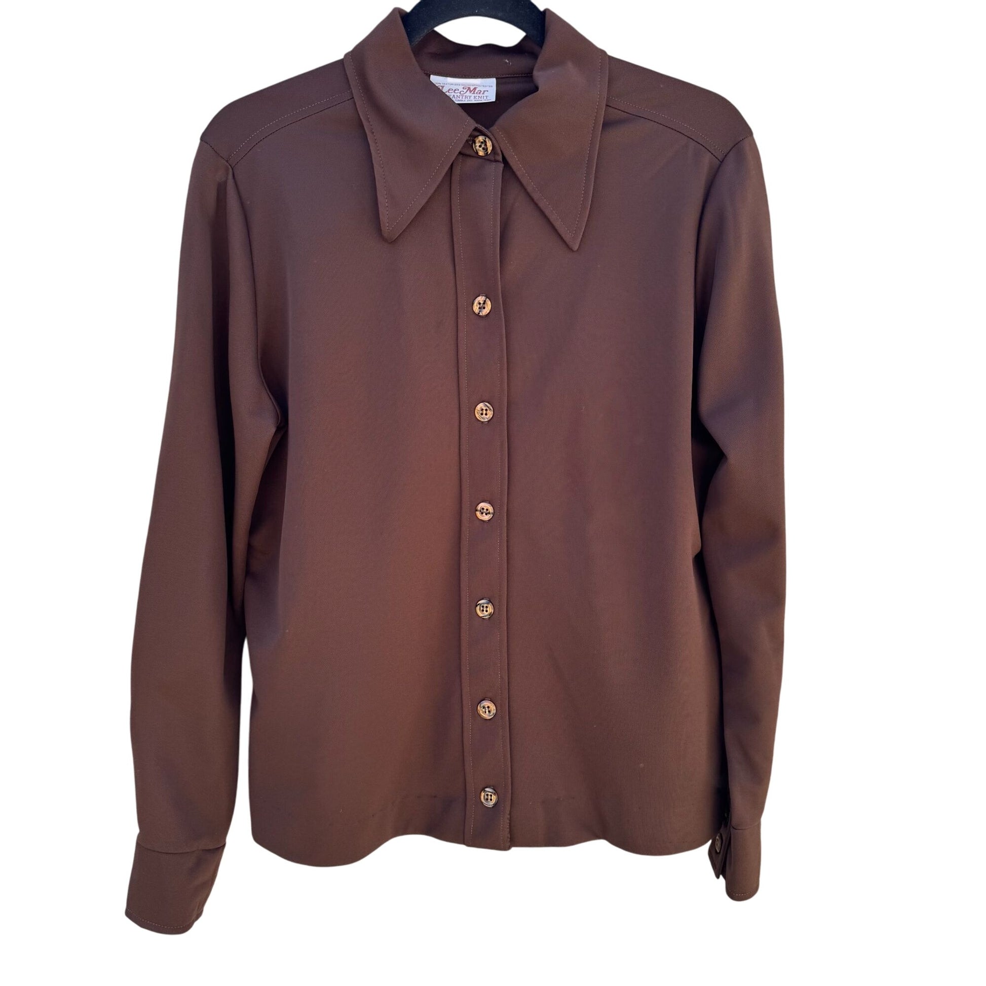 Lee Mar Pageantry Vintage 70s Womens Knit Brown Point Collar Button-Up Shirt