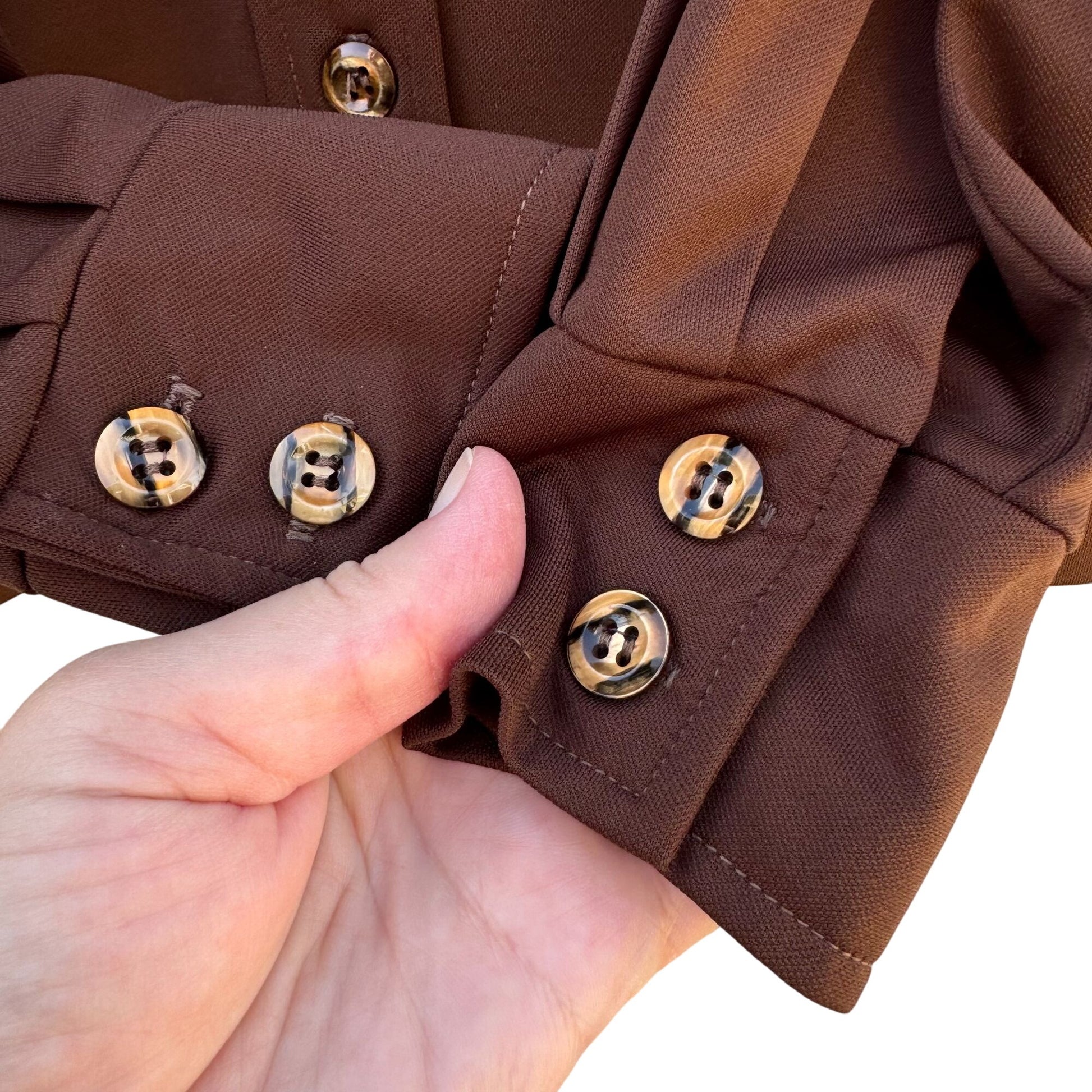 Lee Mar Pageantry Vintage 70s Womens Knit Brown Point Collar Button-Up Shirt