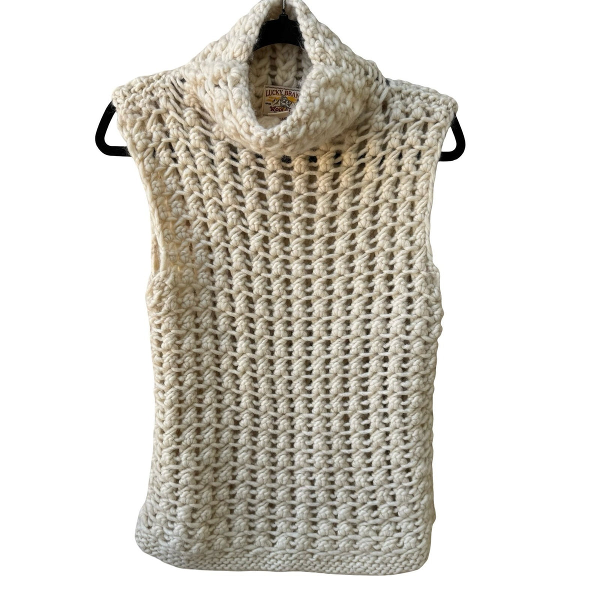 Lucky Brand Woolens Hand Knit Wool Chunky Lattice Turtleneck Sweater Cream L