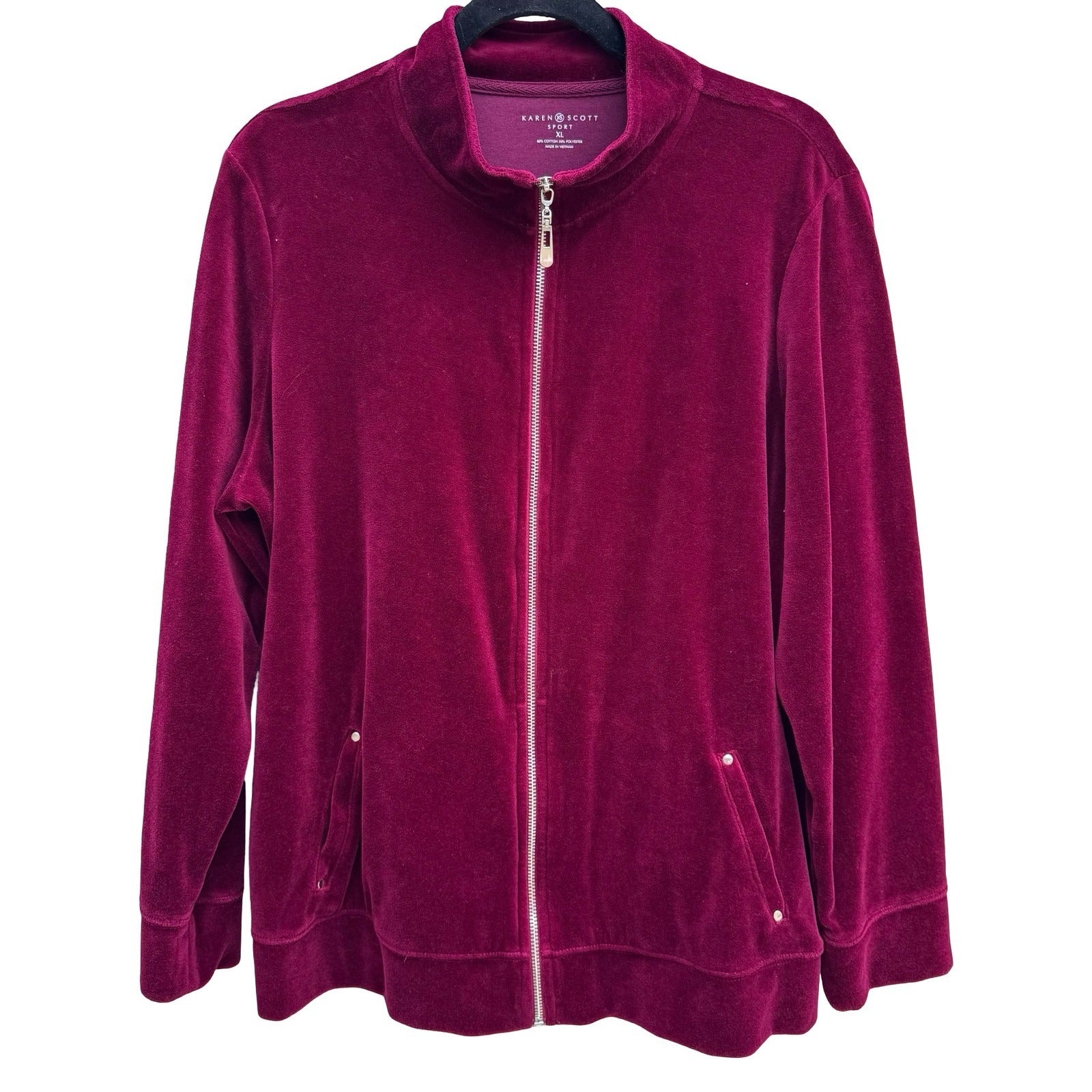 Karen Scott Y2K XL Berry Pink Velour Full Zip Mock Neck Track Jacket Athleisure