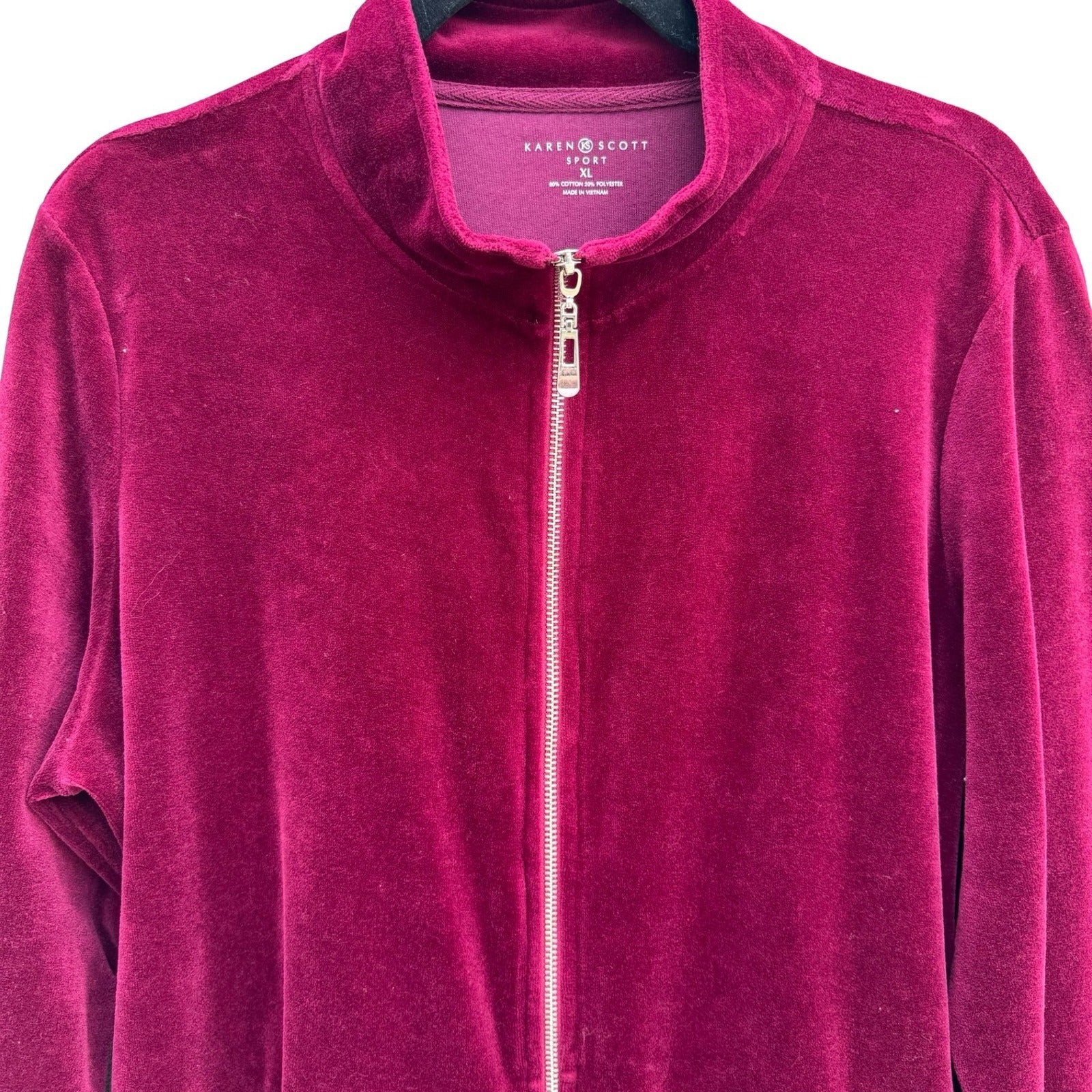 Karen Scott Y2K XL Berry Pink Velour Full Zip Mock Neck Track Jacket Athleisure