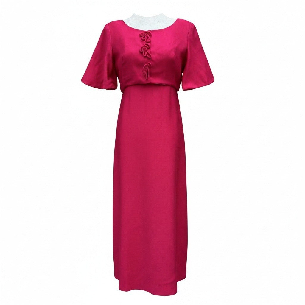 Emma Domb California Vintage 60s Fuchsia Pink Maxi Dress Bow Detail Mod Gown