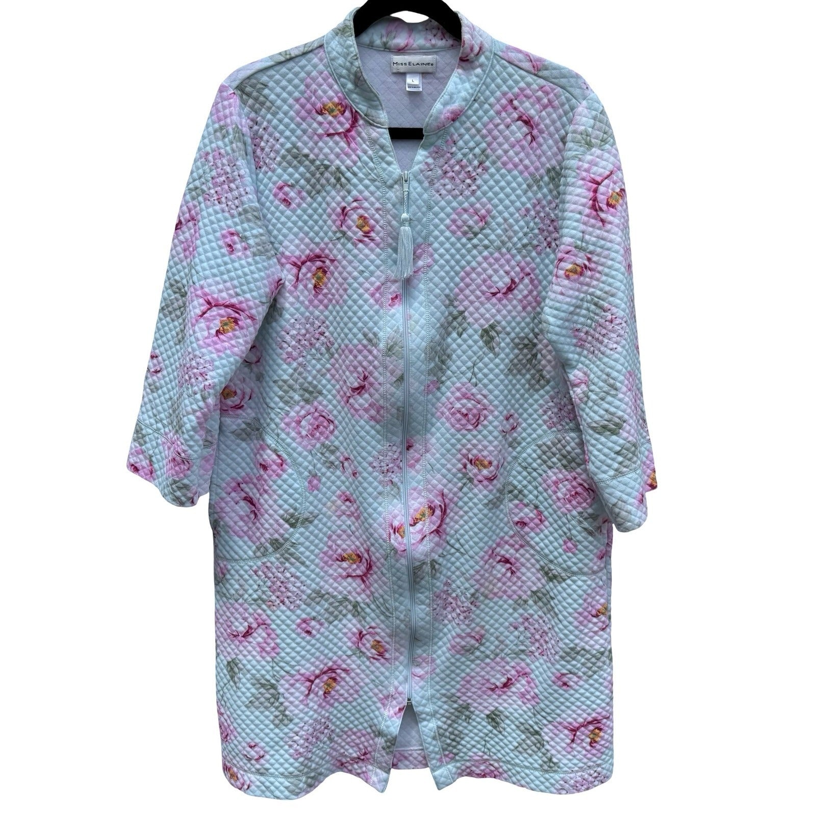 Miss Elaine Womens Large Quilted Zip Front Floral Robe Mint Green Pink 368809T