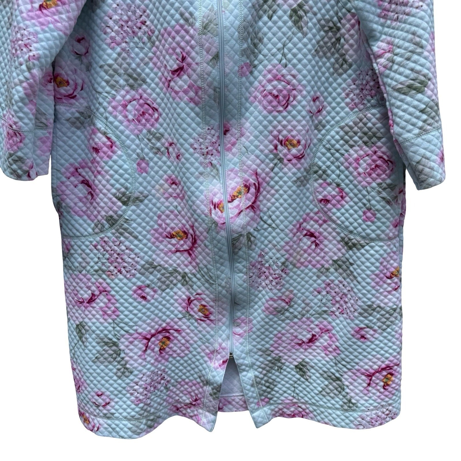 Miss Elaine Womens Large Quilted Zip Front Floral Robe Mint Green Pink 368809T