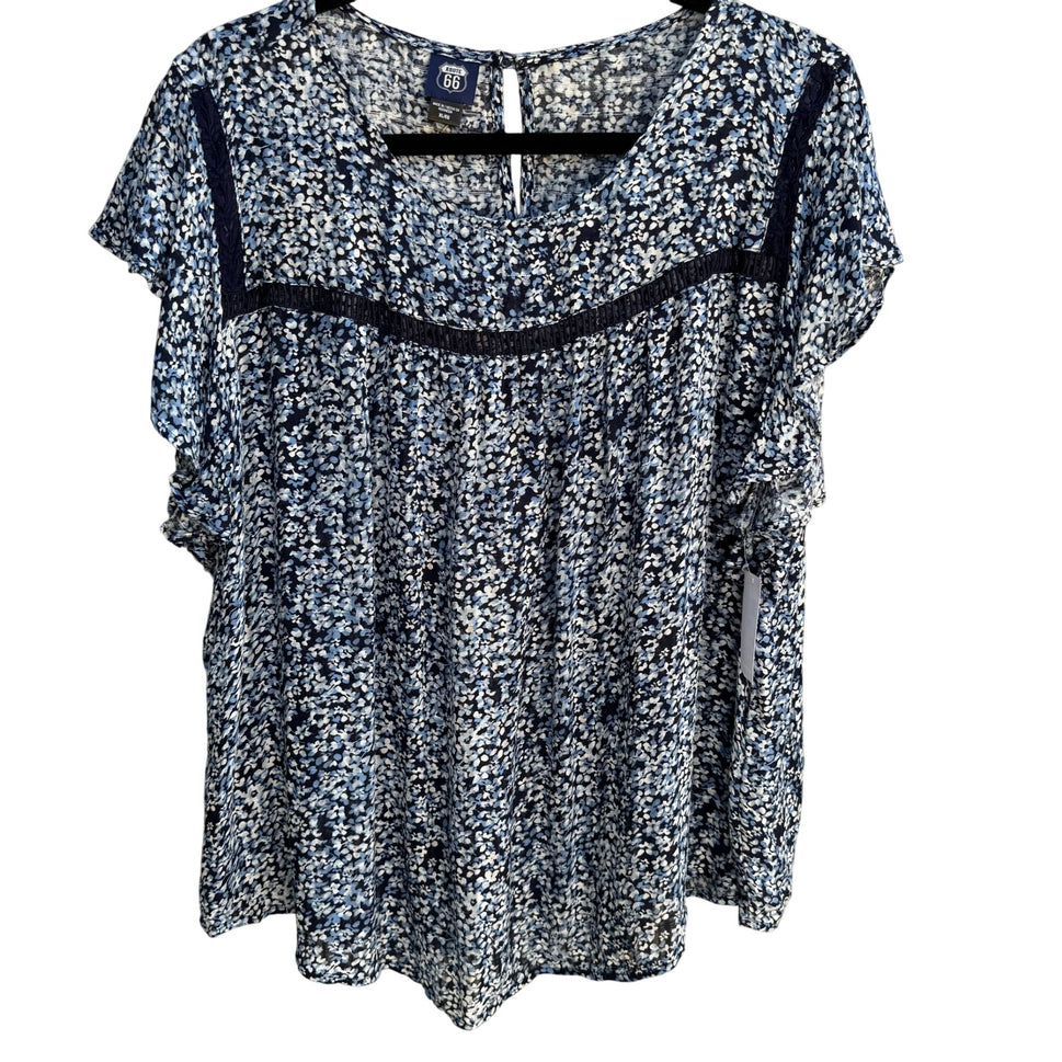 Route 66 Kmart Vintage Womens Blue Floral Flutter Sleeve Boho Flowy Top New XL