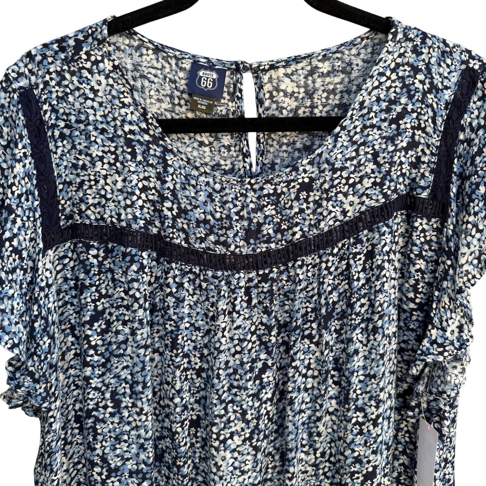 Route 66 Kmart Vintage Womens Blue Floral Flutter Sleeve Boho Flowy Top New XL