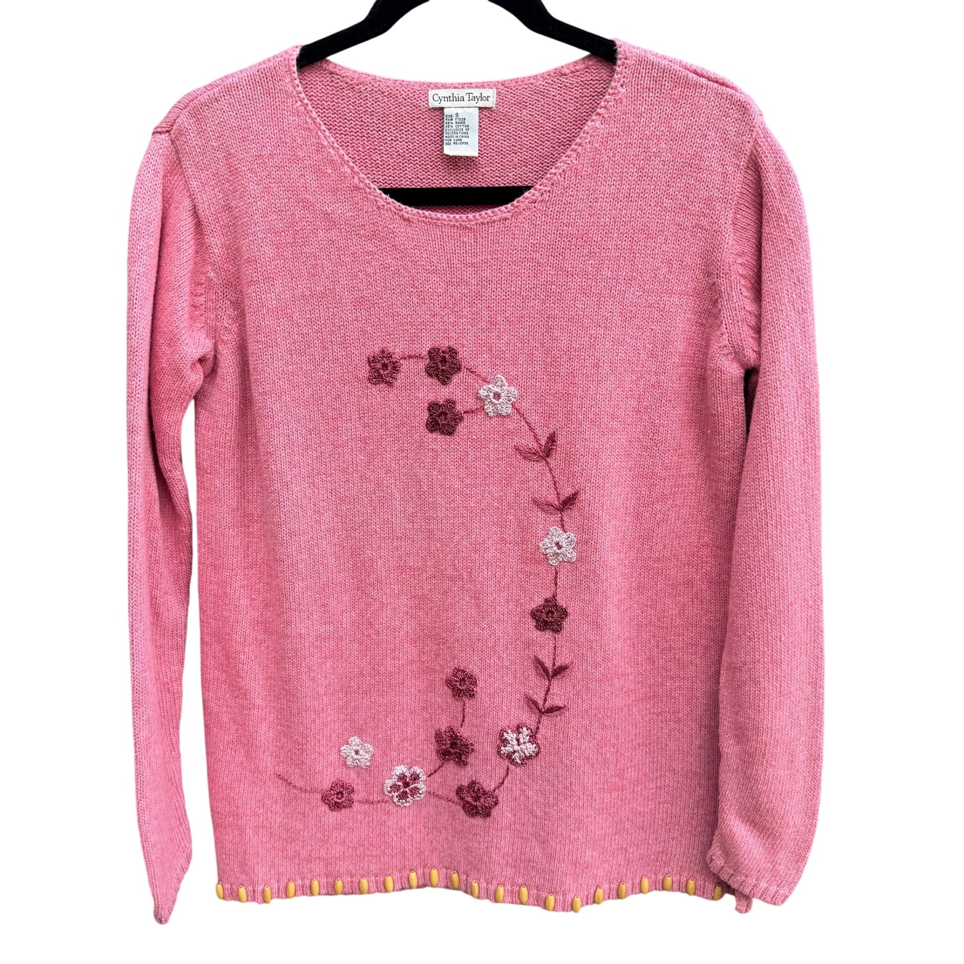 Cynthia Taylor Vintage Womens Pink Sweater Cottage Floral Embroidery Beaded Hem