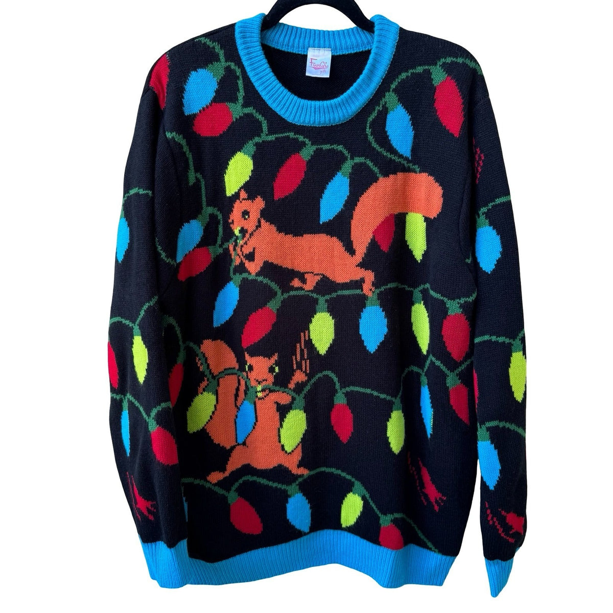 FunQi Squirrel Christmas Light Graphic Ugly Sweater Holiday Party Black Mens XL
