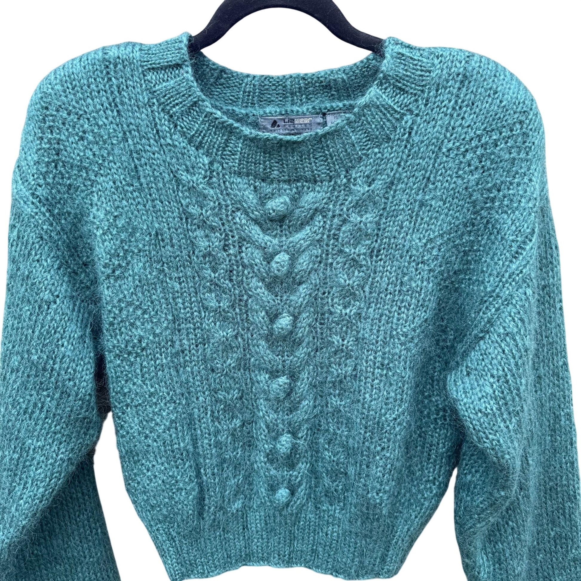 Lizwear Vintage 80s 90s Hand-Knitted Teal Wool Blend Cable Knit Crop Sweater SP