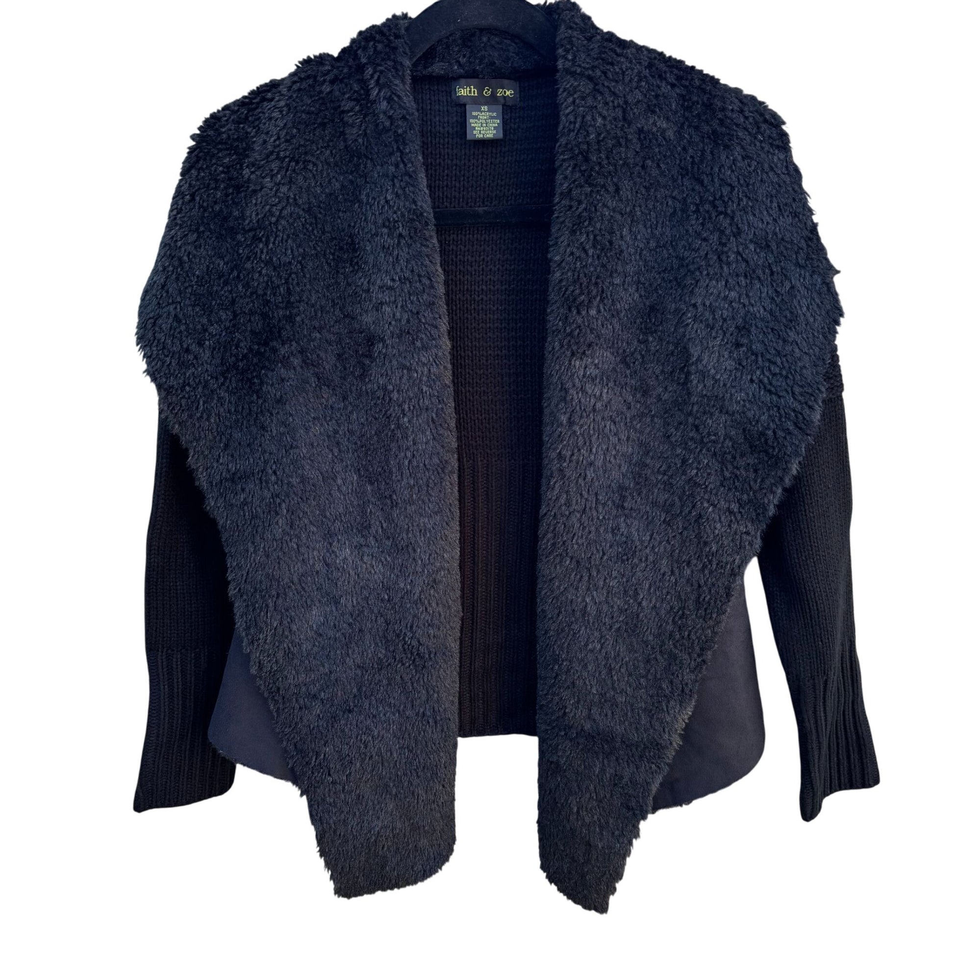 Faith & Zoe Glam Regency Party Black Faux Shearling Open Front Cardigan Jacket XS