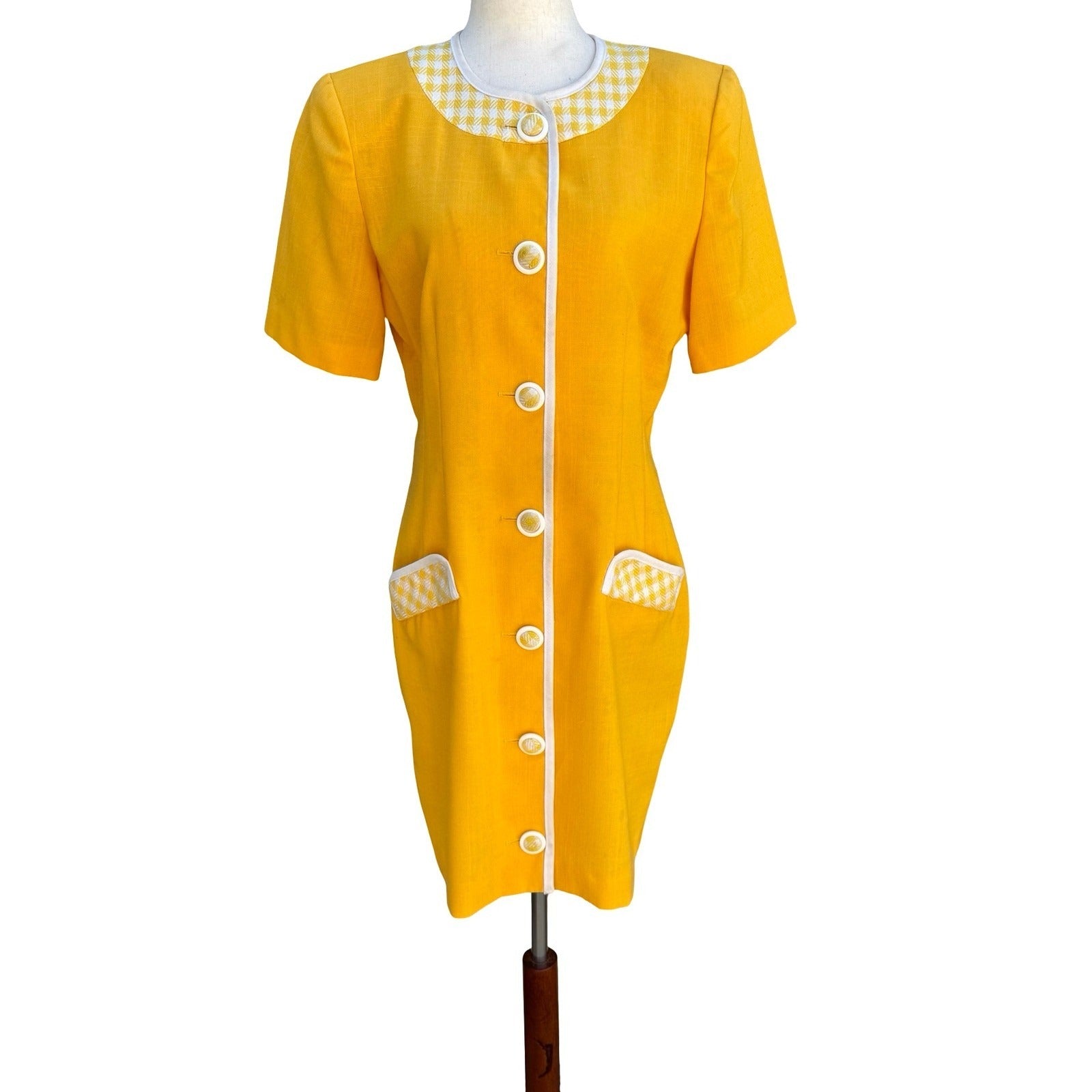Leslie Fay Vintage 80s Retro Yellow Gingham Trim Button Front Shift Dress Size 8