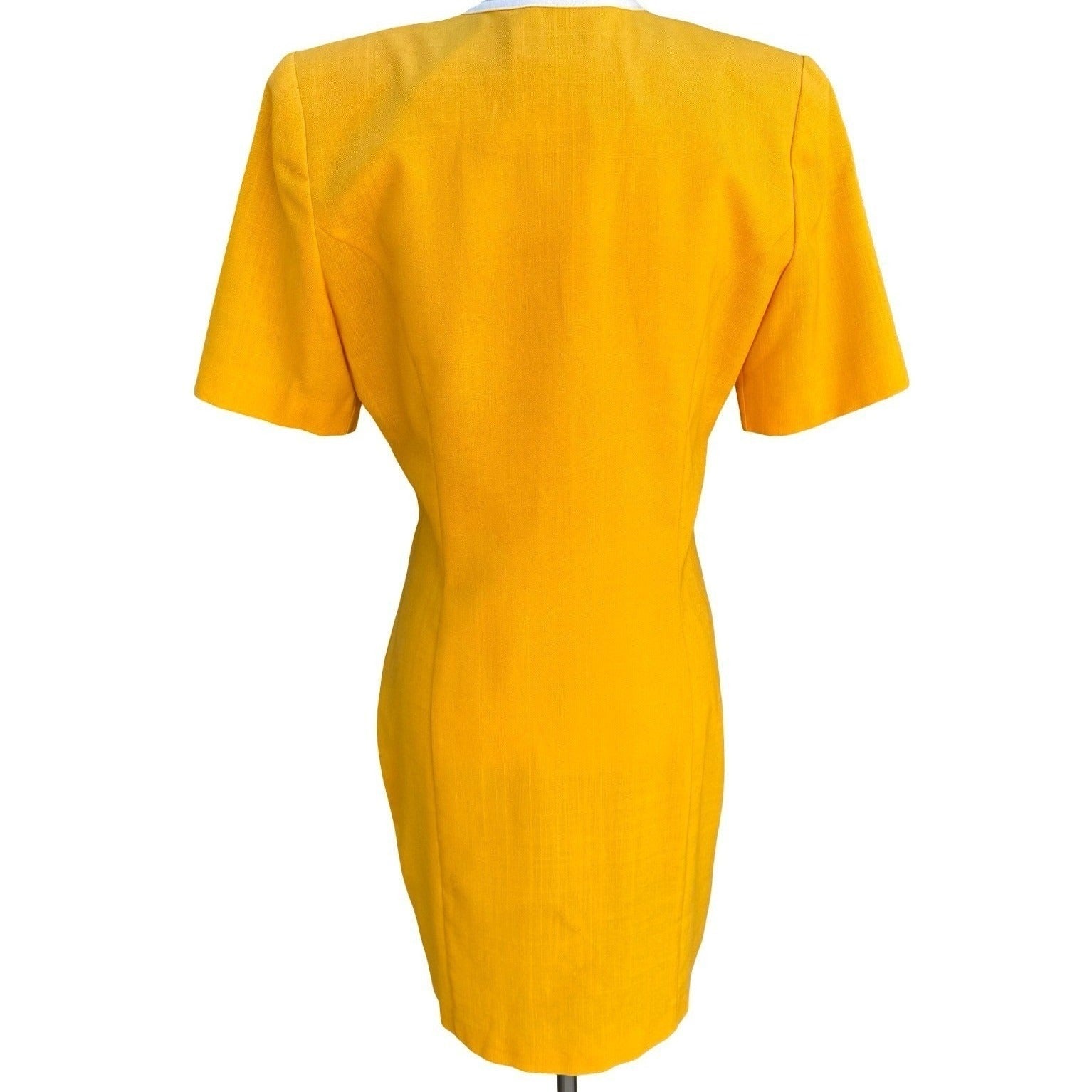 Leslie Fay Vintage 80s Retro Yellow Gingham Trim Button Front Shift Dress Size 8