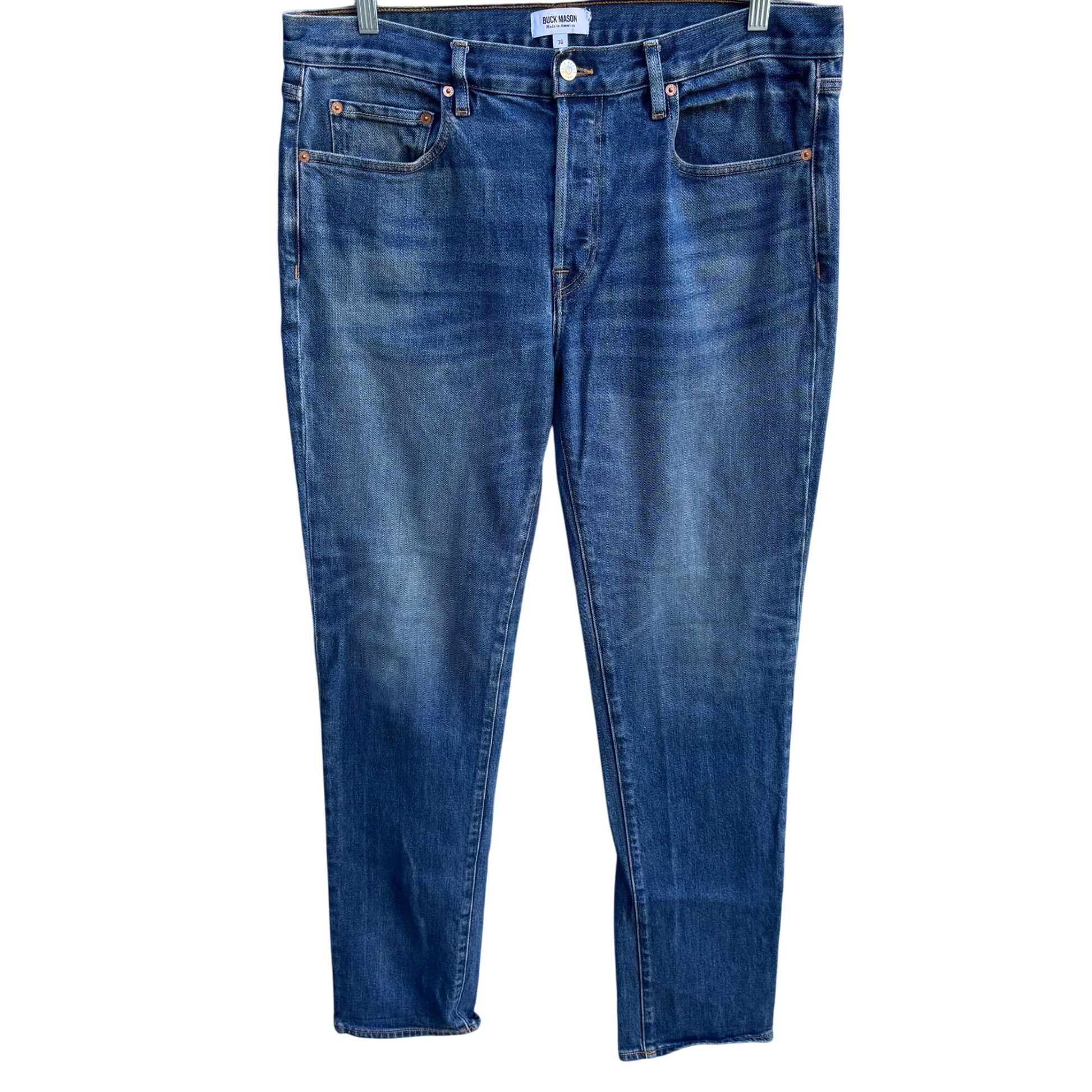 Buck Mason Standard Fit Blue Jeans 36 Made In USA Tapered Denim 12 Month Wash 36