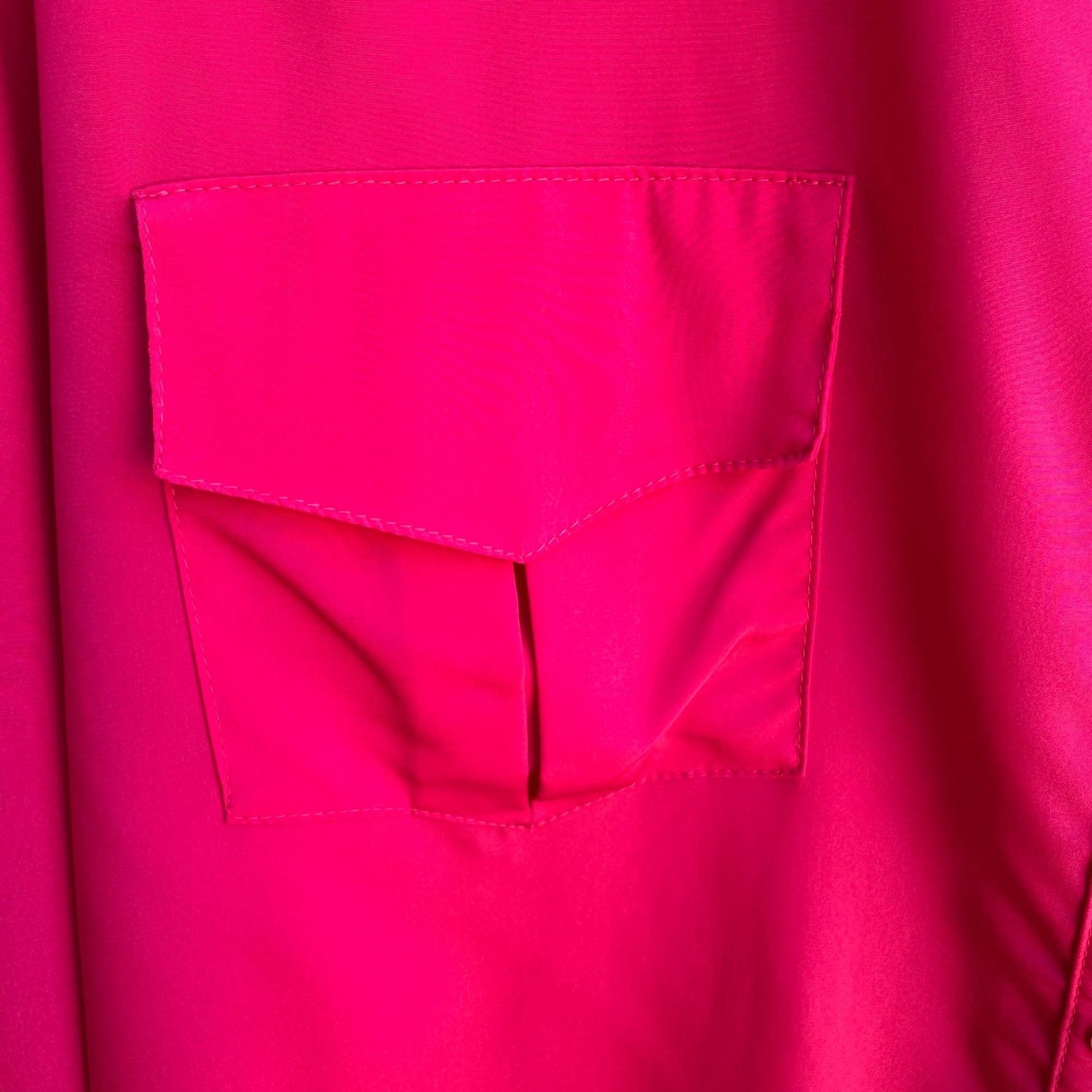 Marie-France Vintage Hot Pink Button-Up Palace Silk Roll Tab Sleeve Blouse 3XL