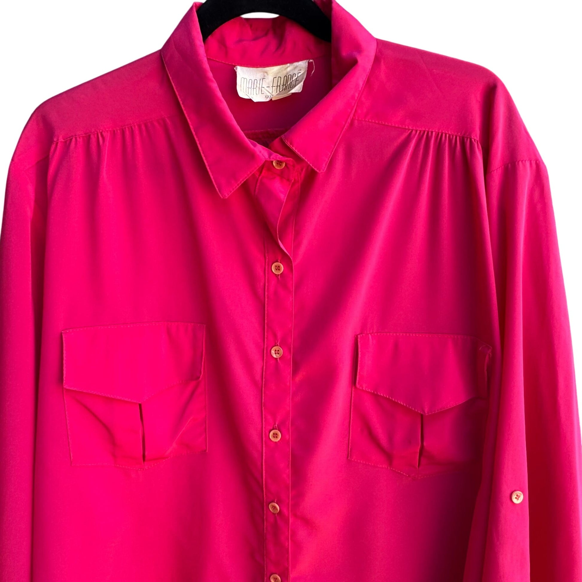 Marie-France Vintage Hot Pink Button-Up Palace Silk Roll Tab Sleeve Blouse 3XL