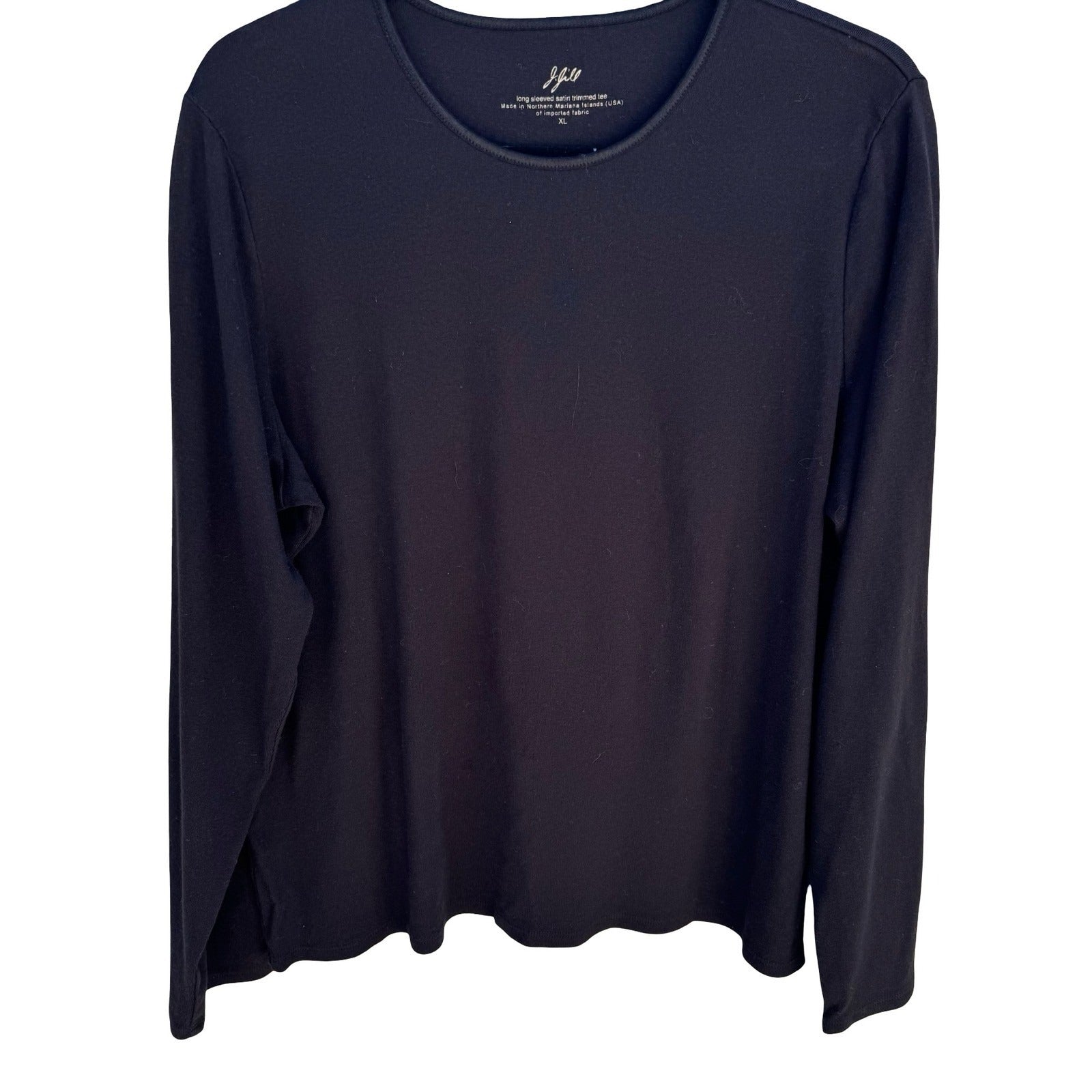 J Jill Black Satin Trimmed Tee Natural Cotton Layering Top XL Minimalist Capsule