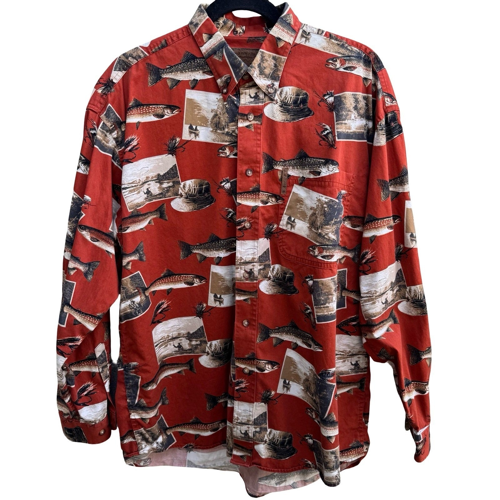 Clearwater Outfitters Fishing Trout Novelty Print Shirt Cotton Mens L Gorpcore