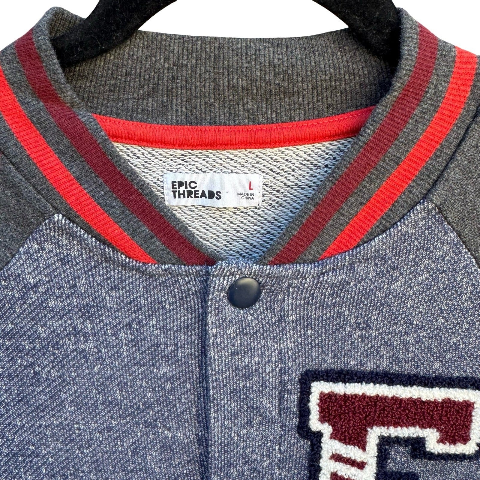Epic Threads Womens L Varsity Bomber Jacket Blue Gray Burgundy Snap Front NWOT