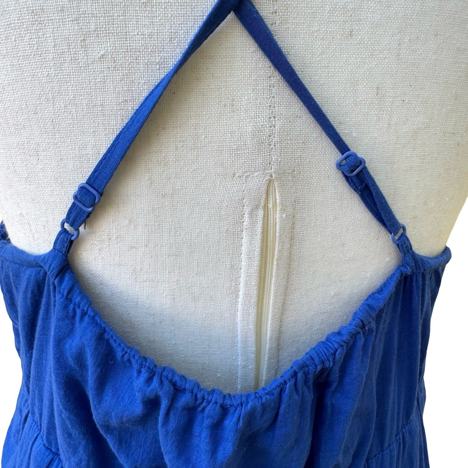 Gap Coastal Summer Boho Beachy Cotton Tiered Midi Sundress Ruched Bust Blue L