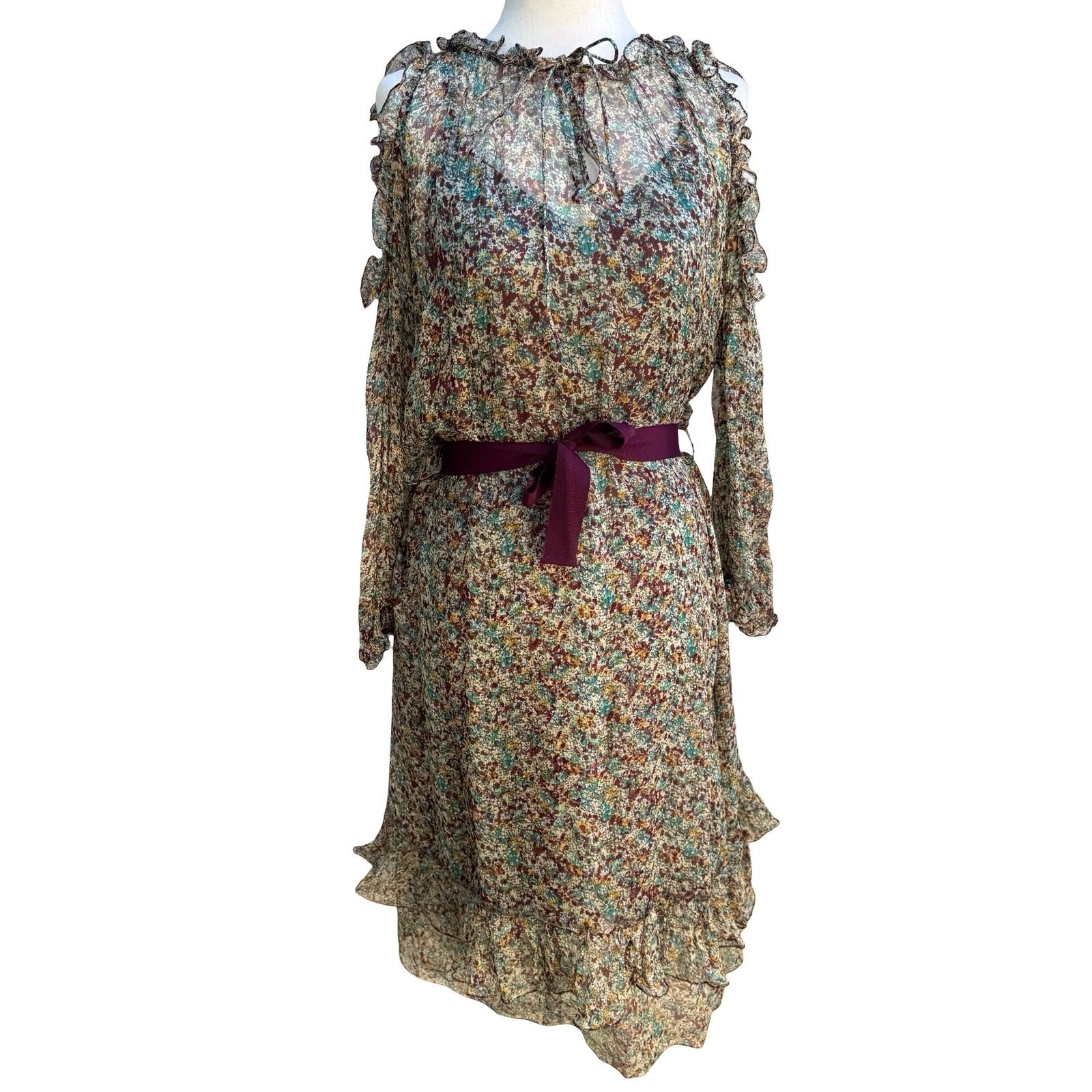 Zadig & Voltaire Deluxe Boho Ethereal Silk Reef Print Cold Shoulder Ruffle Dress