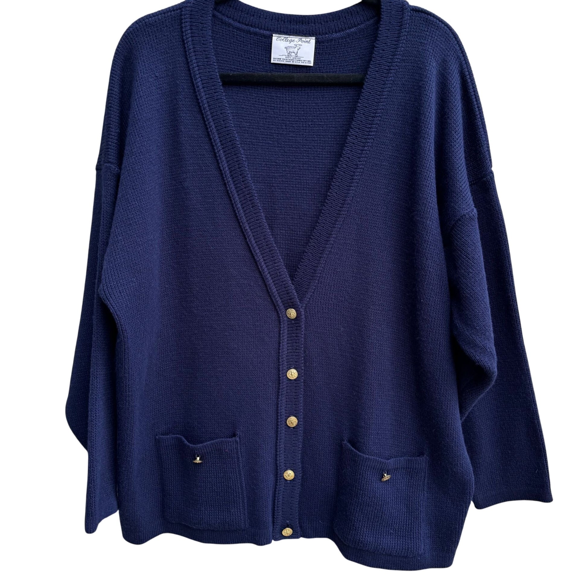College Point Vintage Navy Gold Buttons Pockets Knit Granny Cardigan Sweater XXL