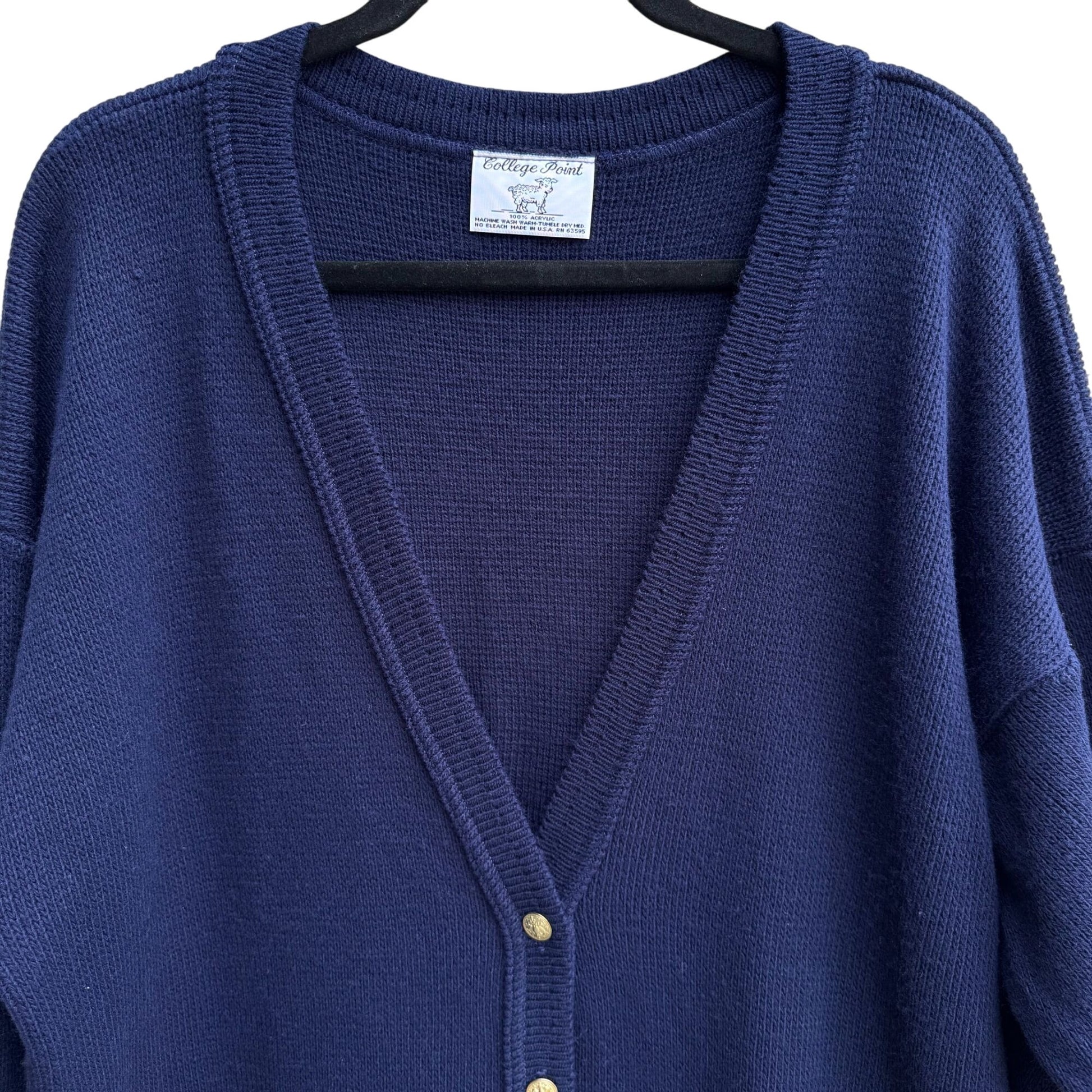 College Point Vintage Navy Gold Buttons Pockets Knit Granny Cardigan Sweater XXL