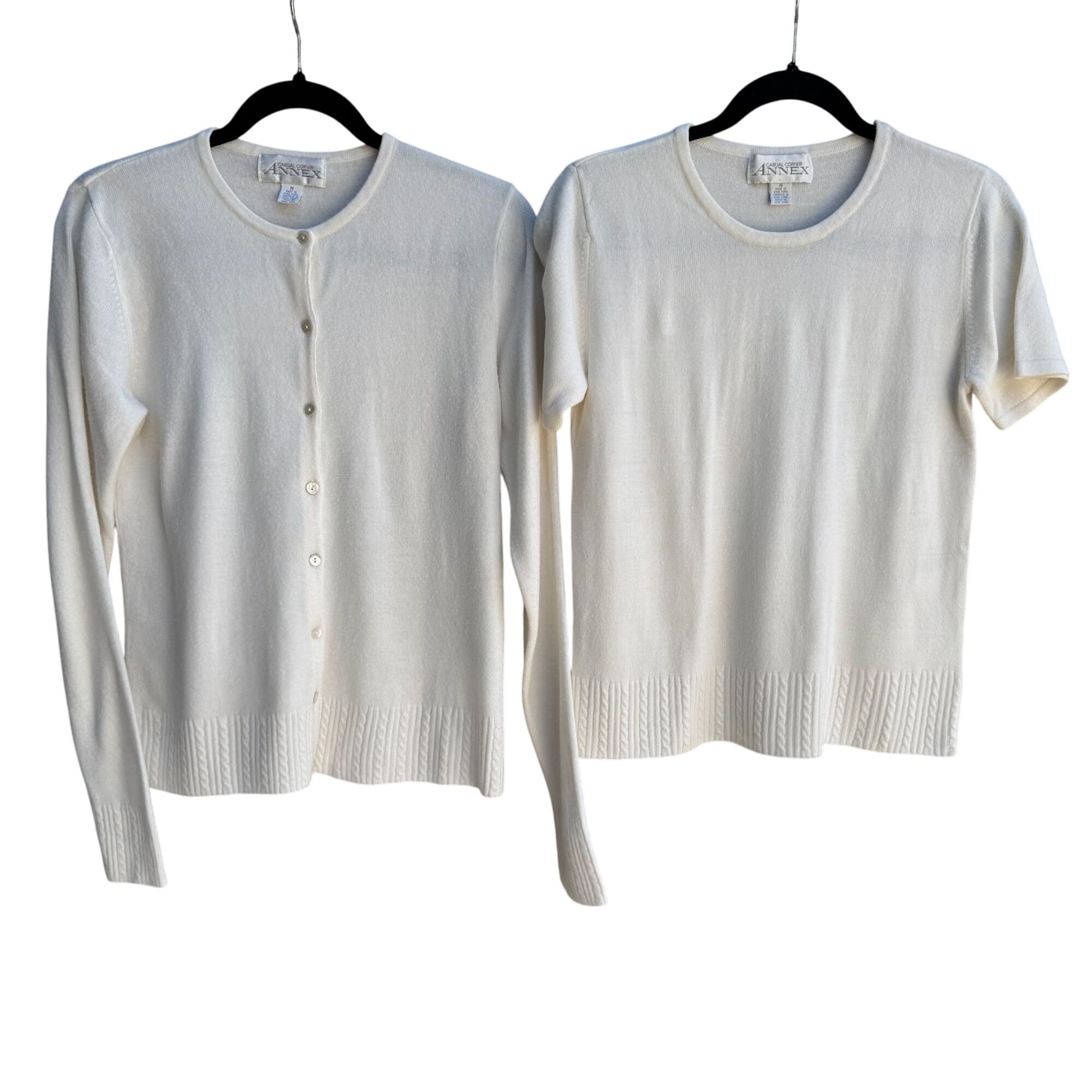 Casual Corner Annex Womens Cream Knit Cardigan & Short Sleeve Top Sweater Set M