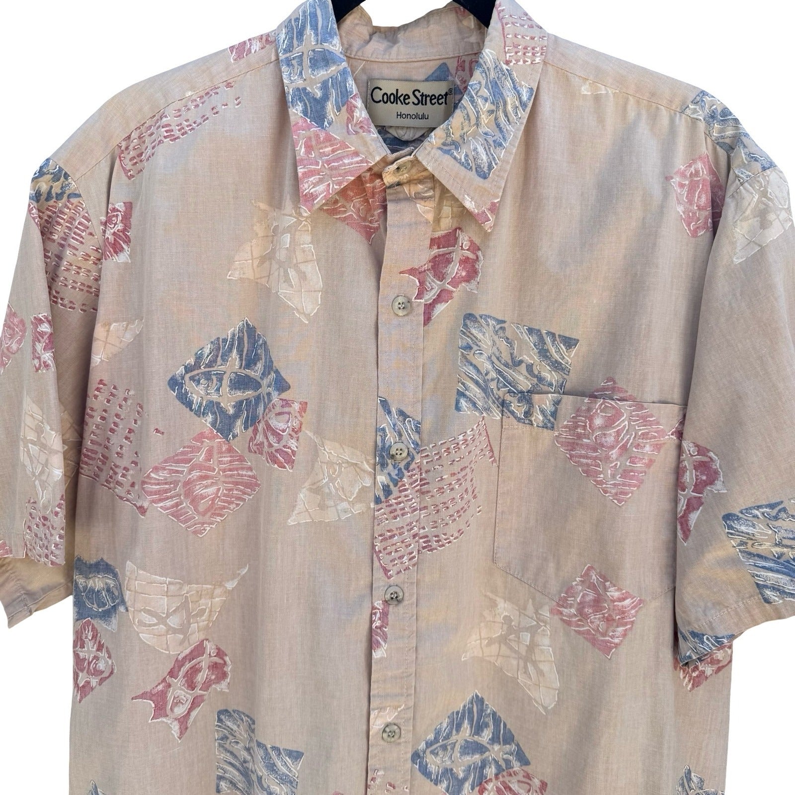 Cooke Street Honolulu Vintage Mens L Hawaiian Aloha Shirt Geometric Fish Tan