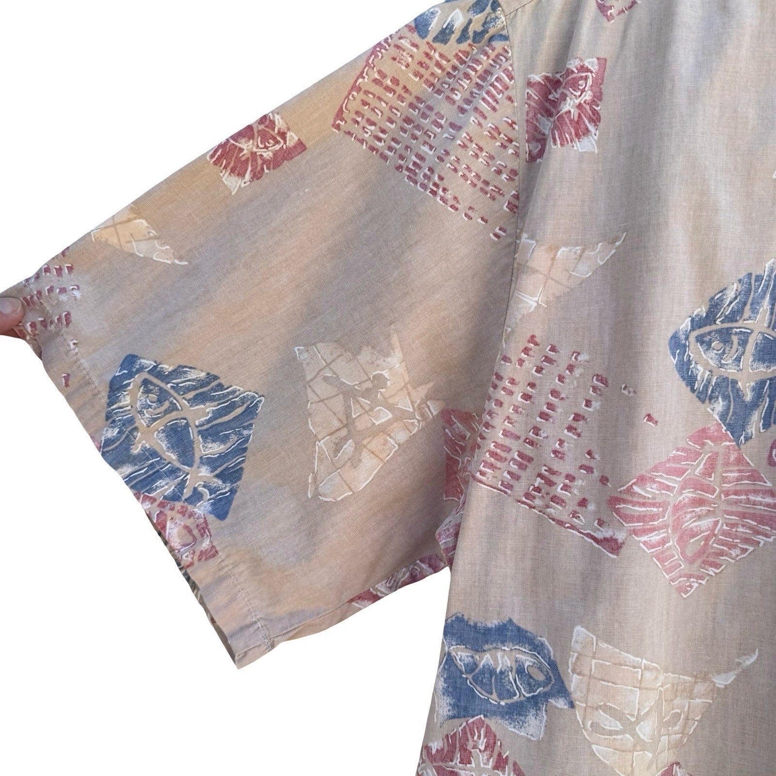 Cooke Street Honolulu Vintage Mens L Hawaiian Aloha Shirt Geometric Fish Tan