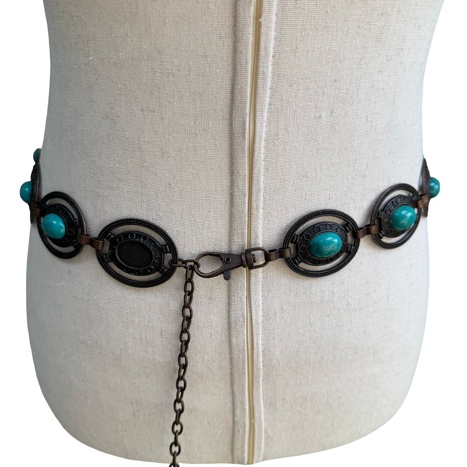 Vintage Boho Bronze Faux Turquoise Oval Link Adjustable Chain Belt Western Style