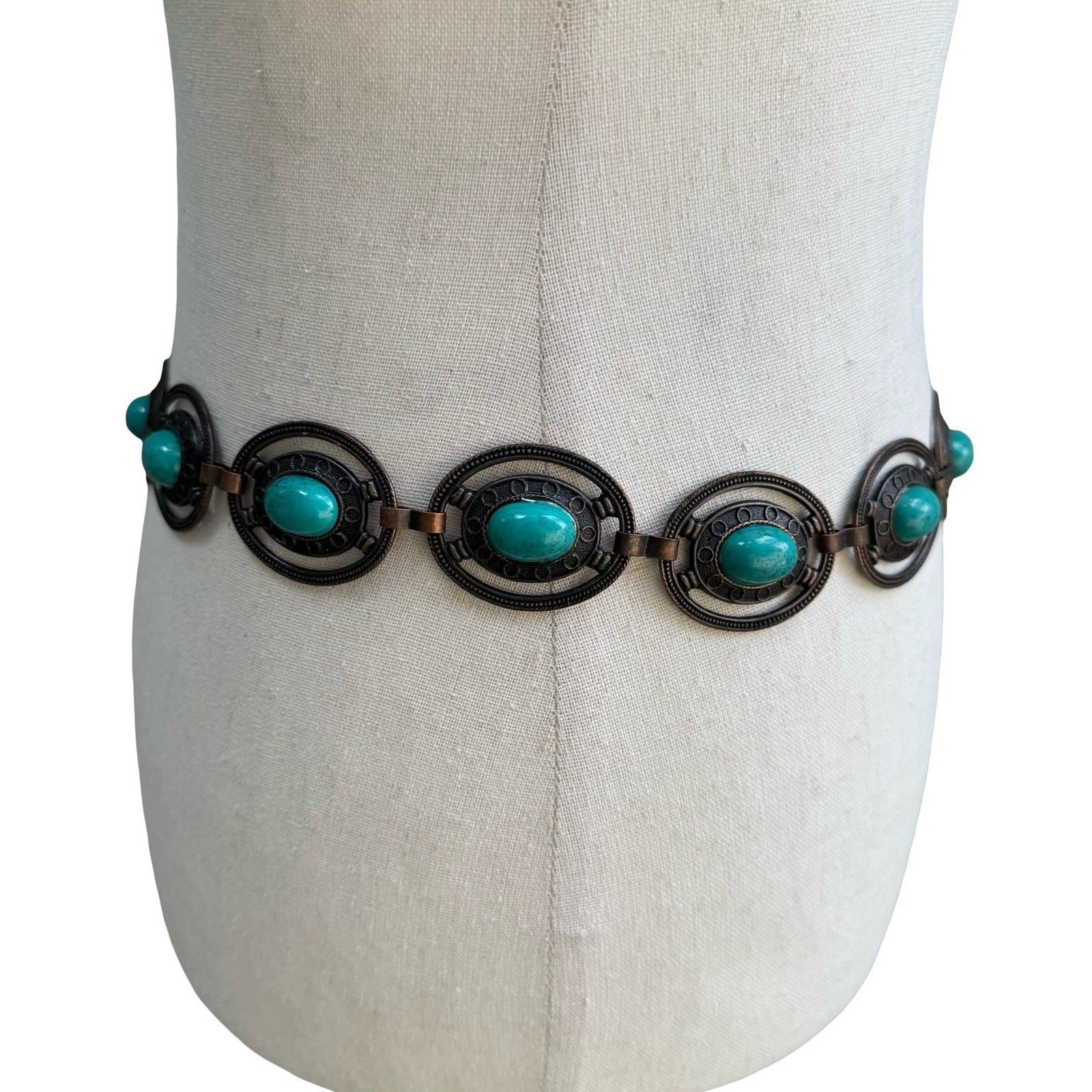 Vintage Boho Bronze Faux Turquoise Oval Link Adjustable Chain Belt Western Style