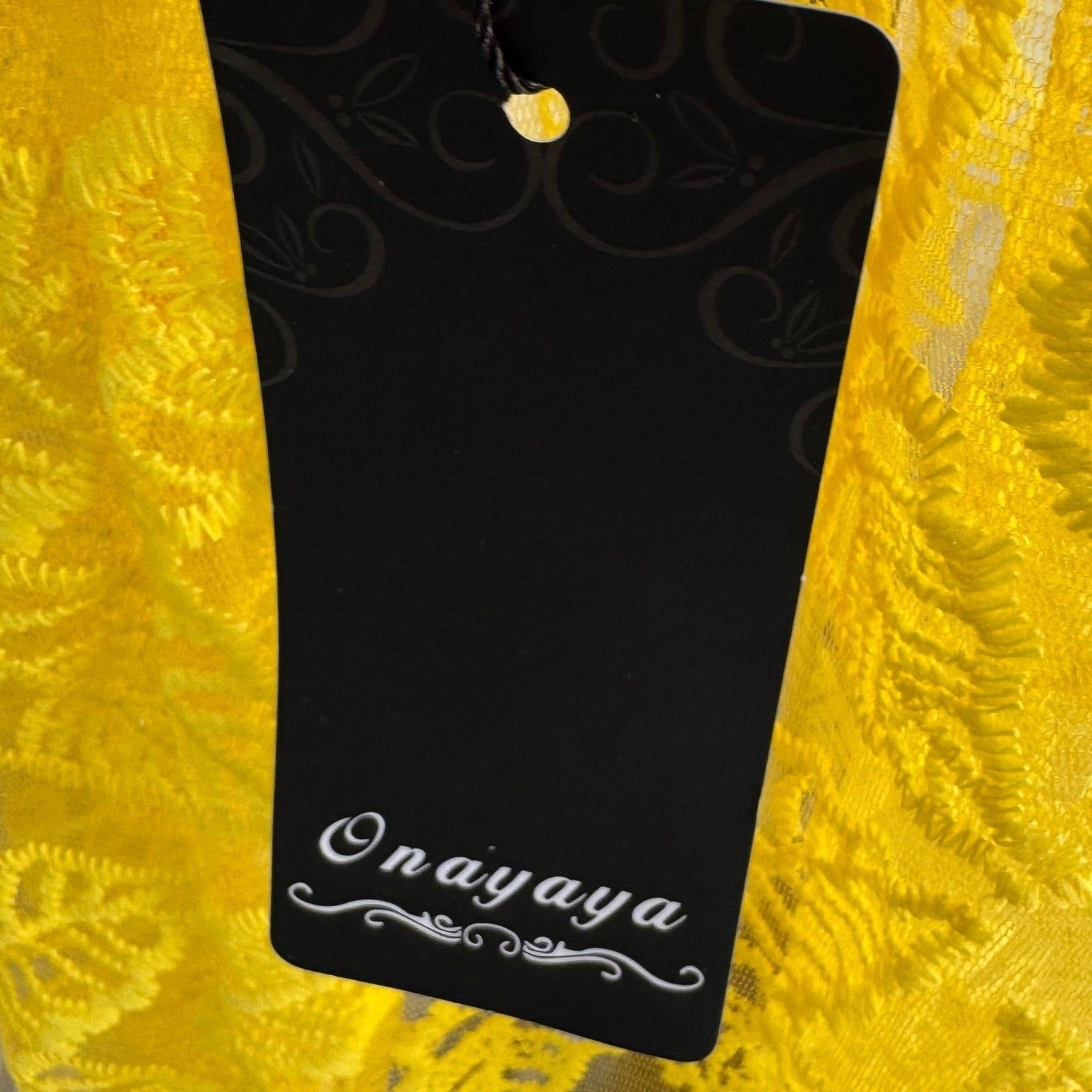 Onayaya Yellow Floral Guipure Lace Open Back Bodycon Feminine Midi Dress S NEW