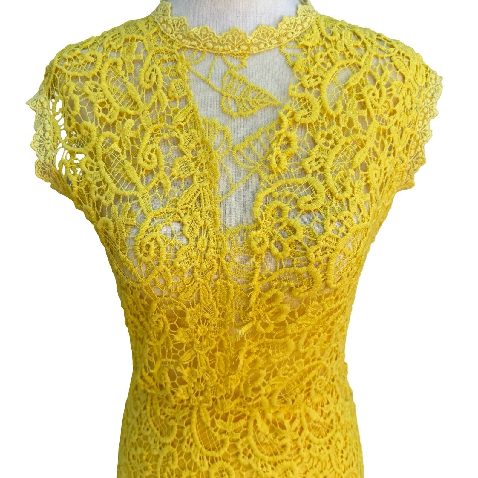 Onayaya Yellow Floral Guipure Lace Open Back Bodycon Feminine Midi Dress S NEW