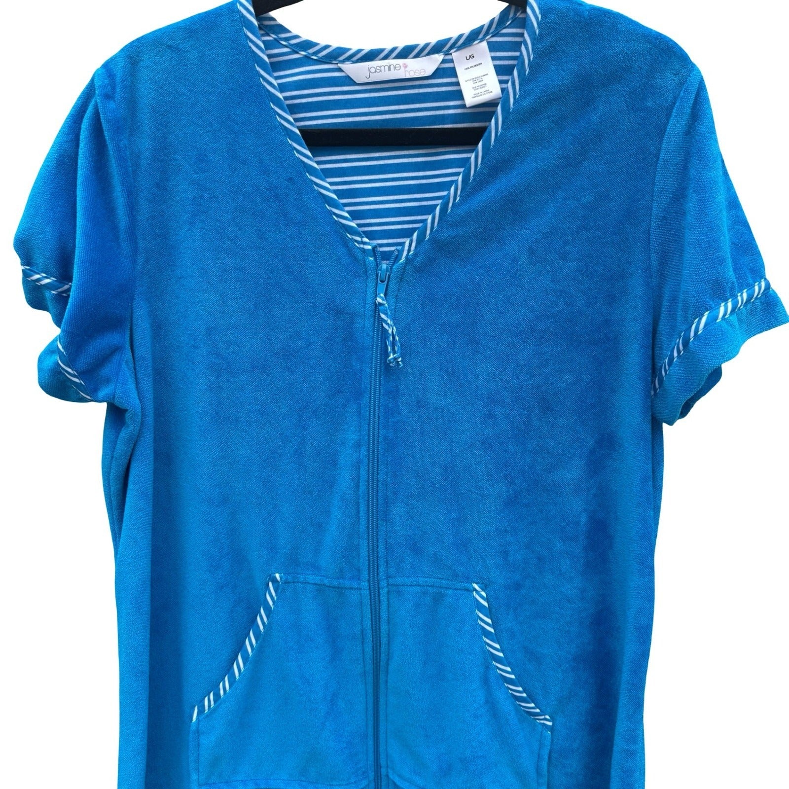 Jasmine Rose Blue Terry Cloth Zip Robe Short Sleeve Housecoat Large Bathrobe