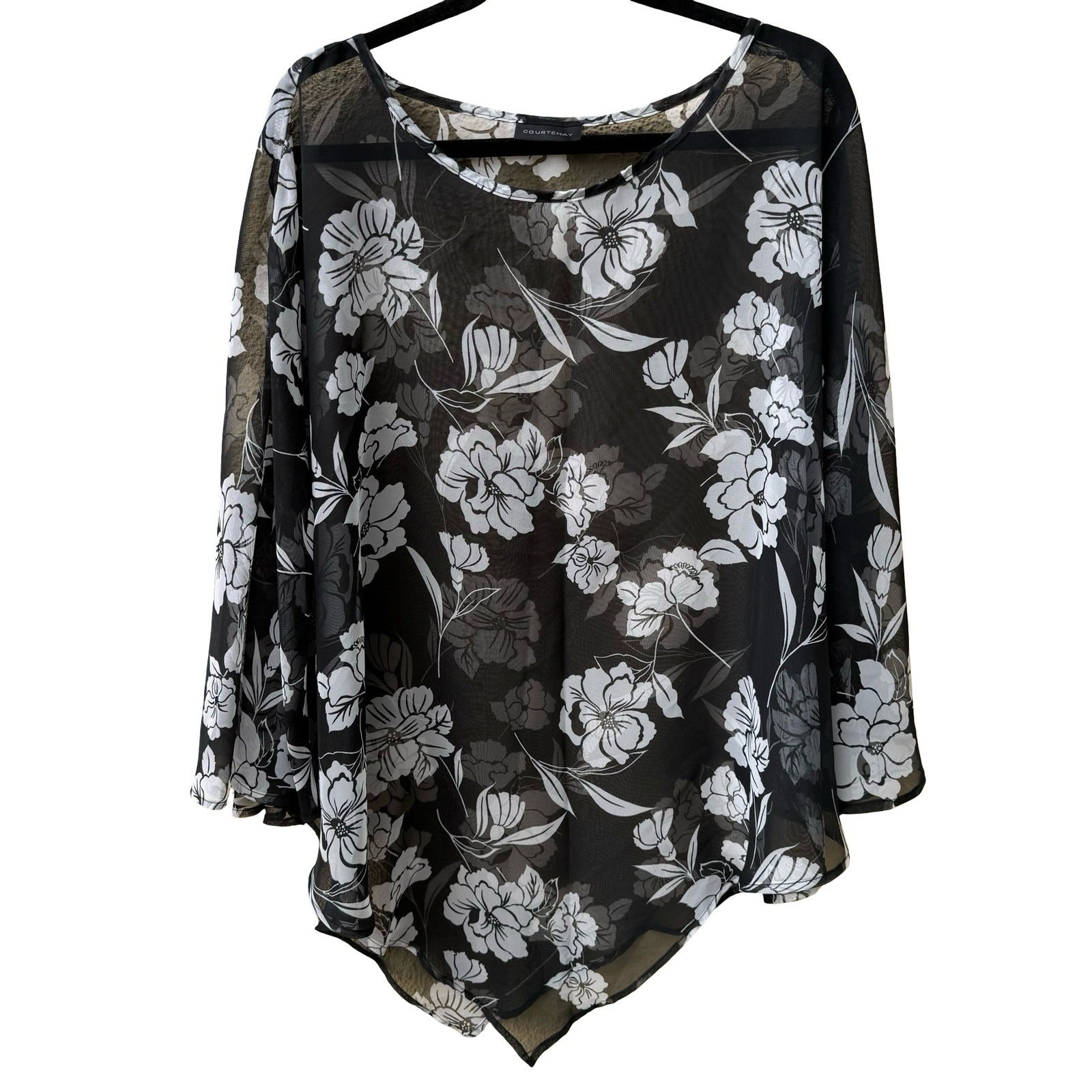 Courtenay Whimsigoth Dark Floral Boho Sheer Mesh Poncho Top Asymmetrical Hem OS