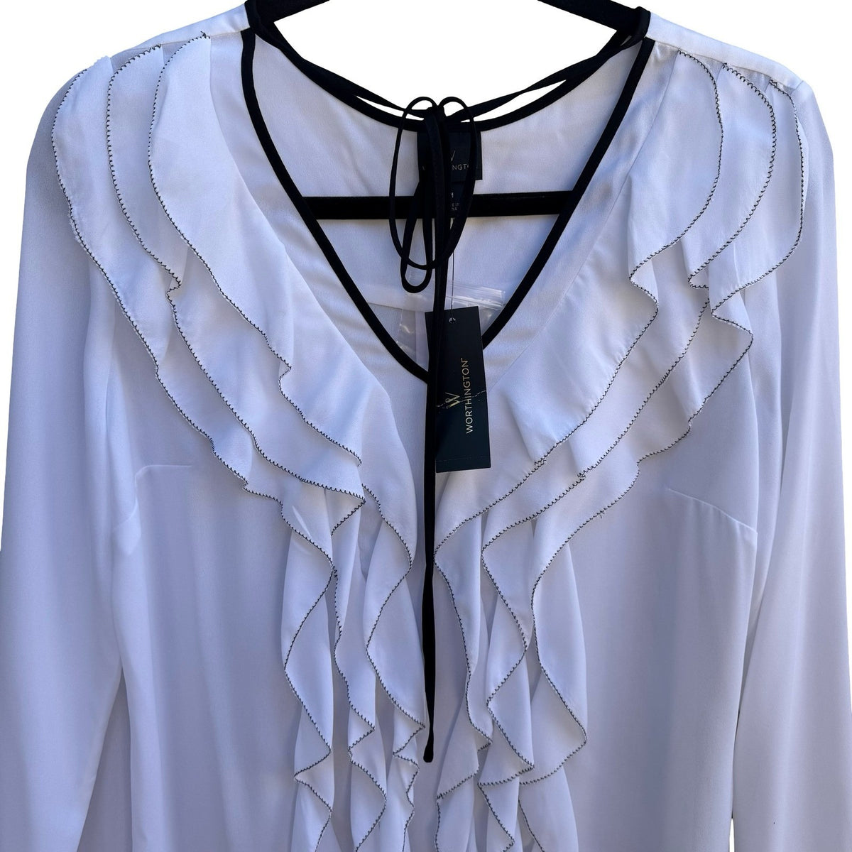 Worthington Coquette Ruffled Romantic Minimalist V-Neck Tie Chiffon Blouse M NWT
