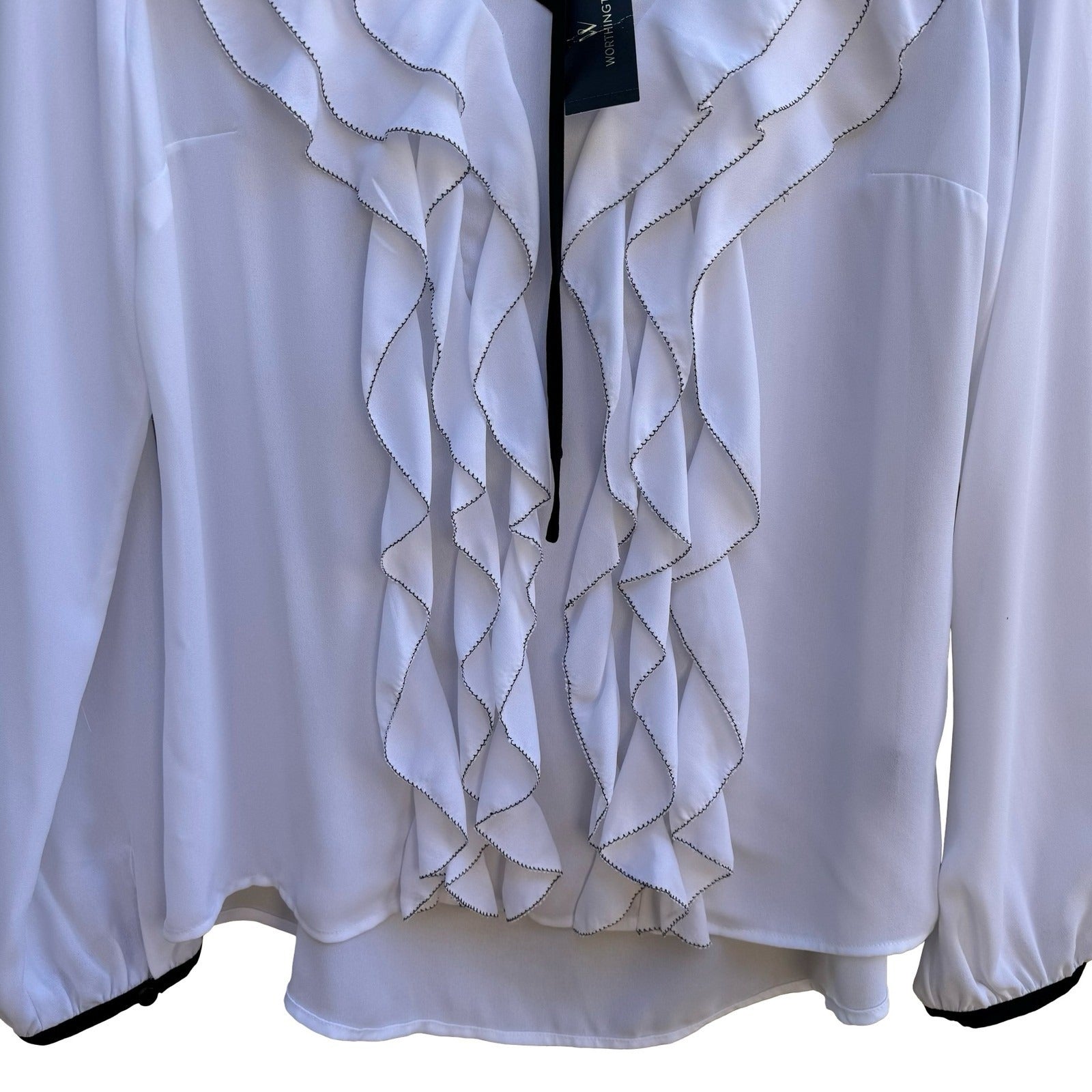 Worthington Coquette Ruffled Romantic Minimalist V-Neck Tie Chiffon Blouse M NWT