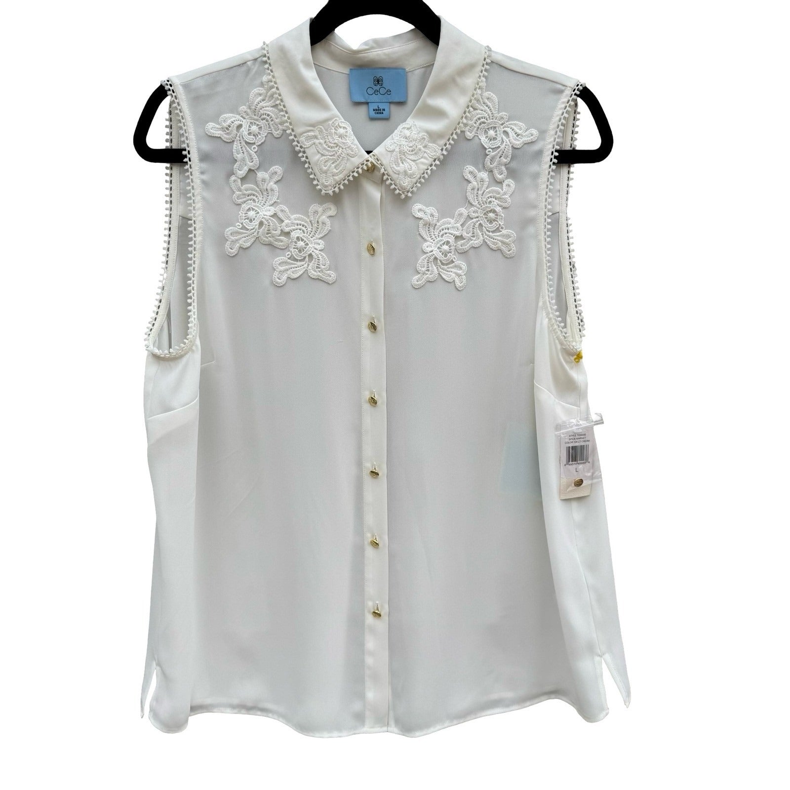 CeCe Spice Market Sleeveless Lace Trim Blouse Lt Cream Gold Buttons Large NEW