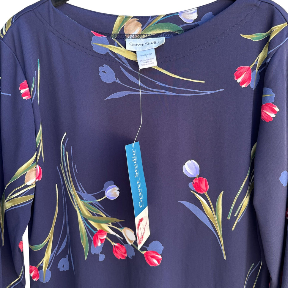 Graver Studio Womens S Navy Floral 3/4 Sleeve Stretch Tunic Blouse New Boho