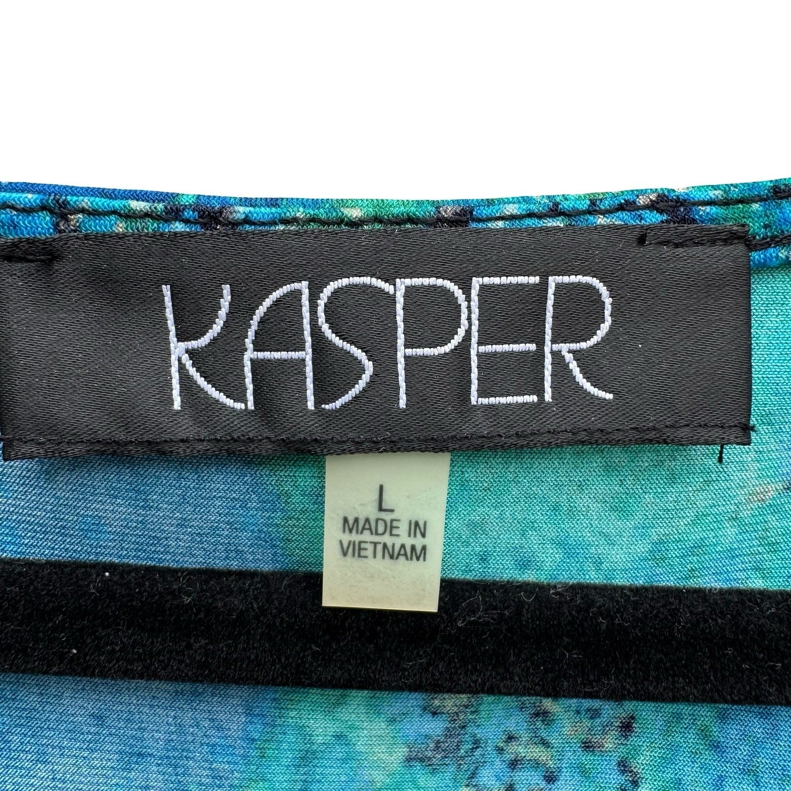 Kasper Womens Teal Blue Abstract Metallic Gold Chevron Sleeveless Blouse Size L
